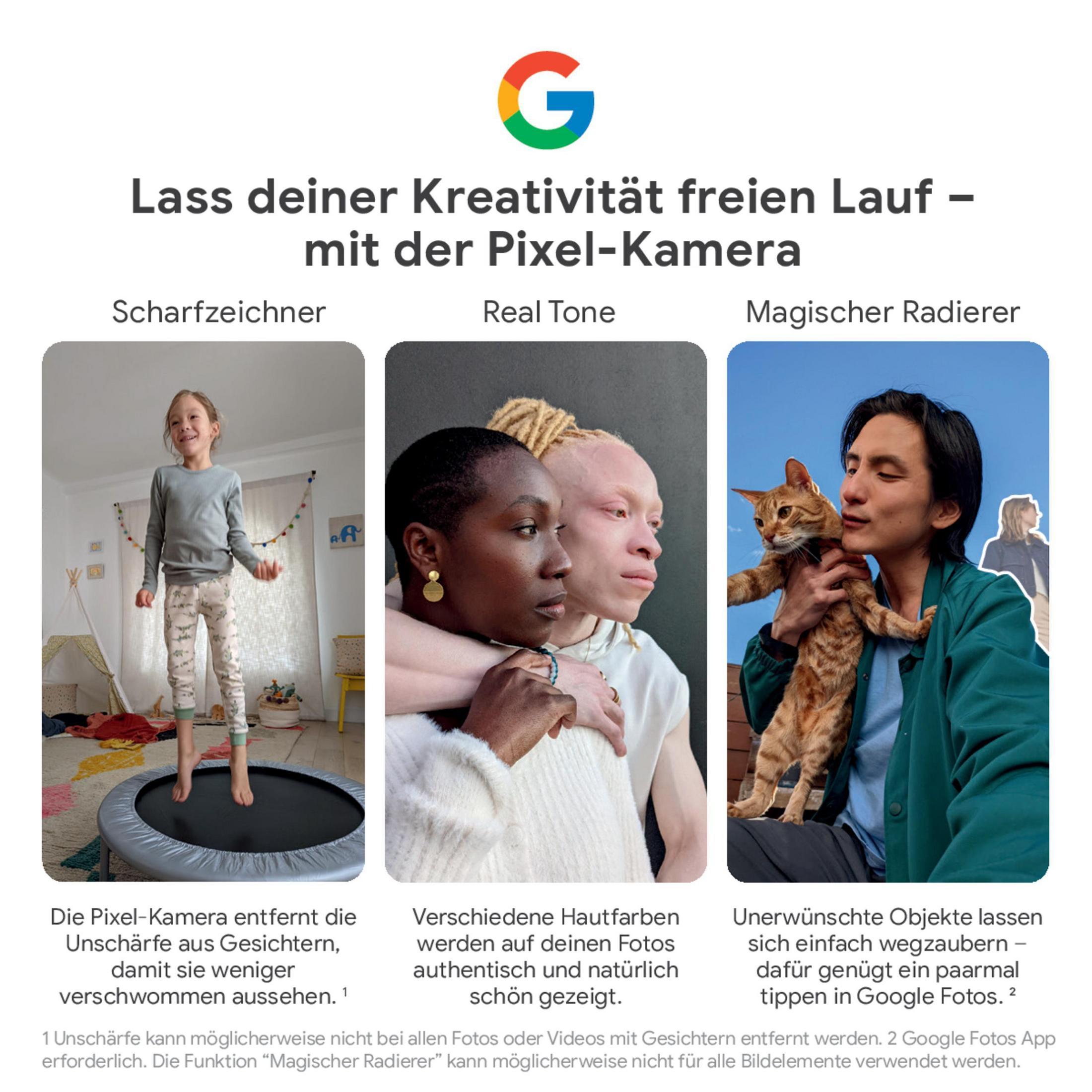 Trzy zdjęcia pokazujące funkcje aparatu Pixel. Ludzie i kot. Białe tło.