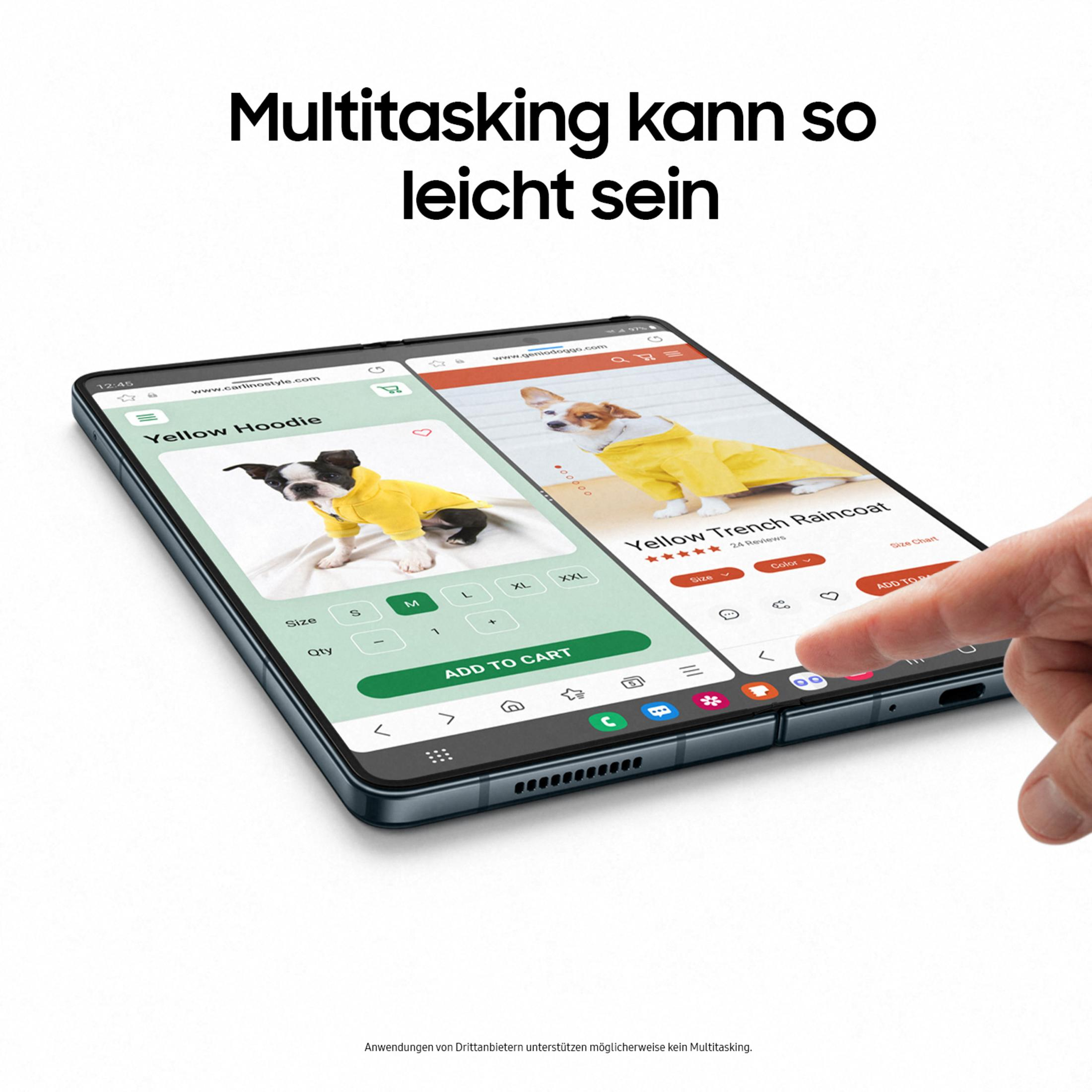 Een opgevouwen tablet toont twee winkelpagina's. Eén toont een hond in een gele hoodie. Een vinger raakt het scherm.