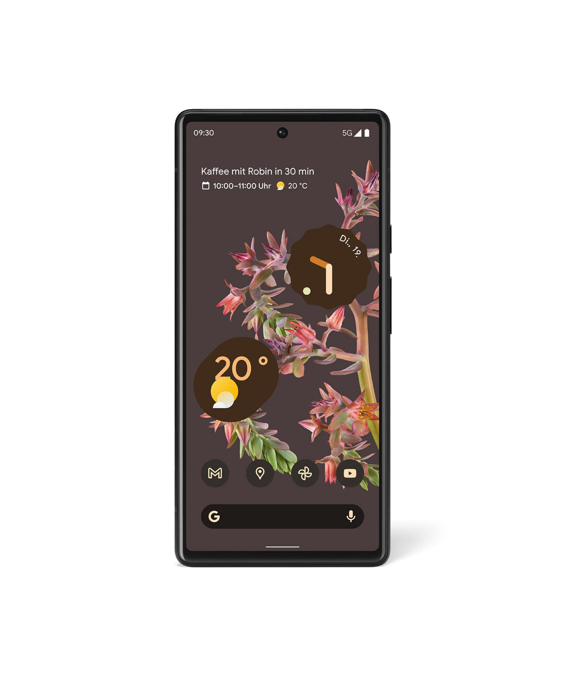 Schwarzes Smartphone mit floralem Sperrbildschirm, zeigt Zeit, Wetter und Kalenderdetails.