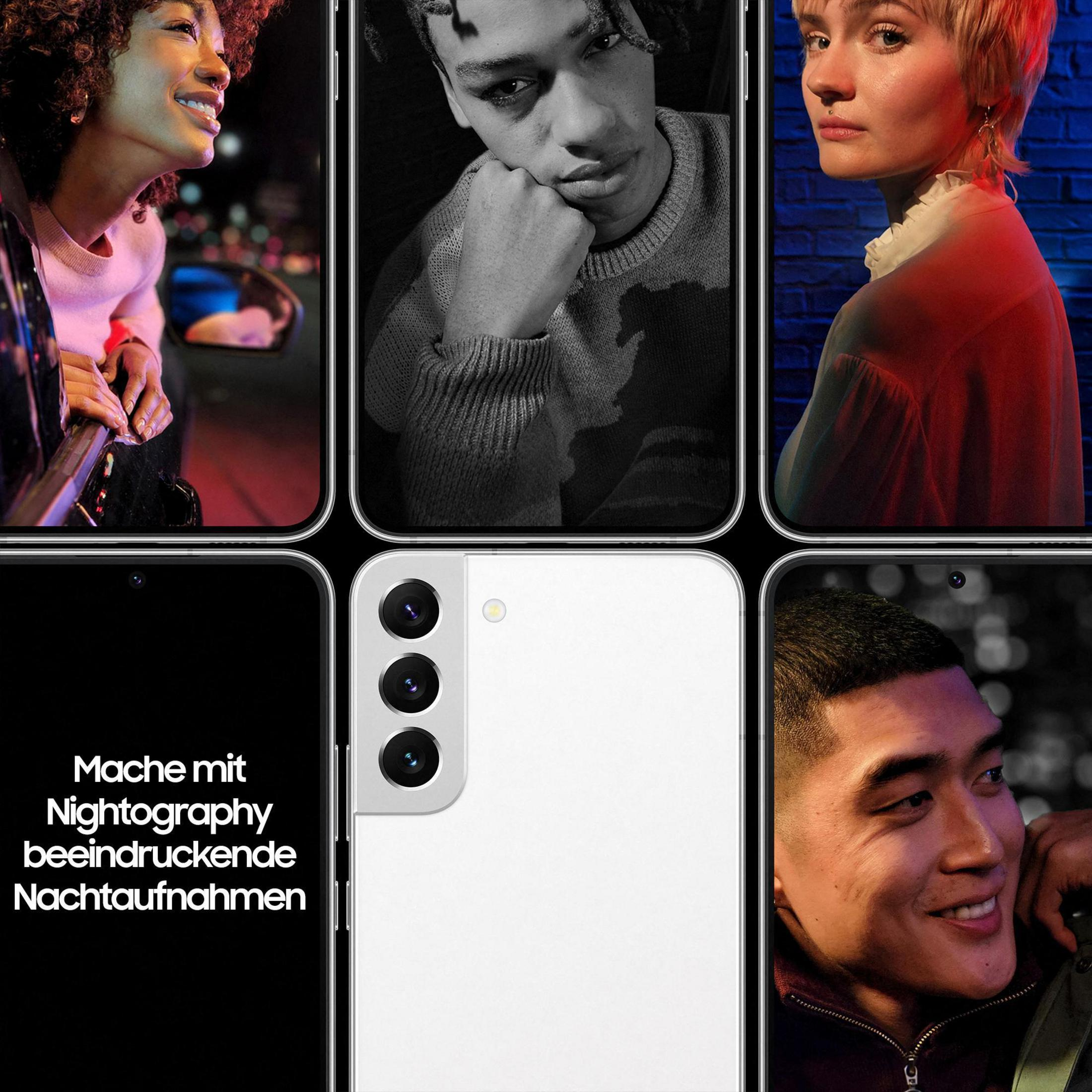 Sześć zdjęć osób z białym telefonem, promujących fotografię nocną.