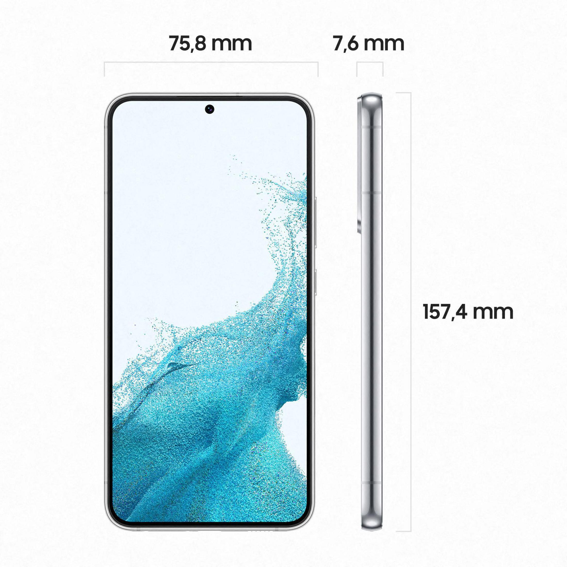 Smartfon na białym tle, widok z boku pokazuje wymiary 75,8 mm, 7,6 mm i 157,4 mm. Ekran jest włączony.