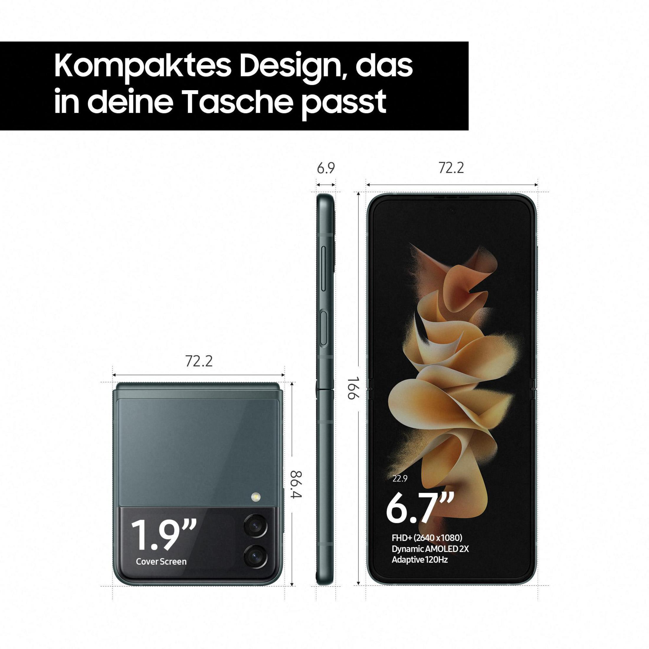 Składany zielony telefon z wymiarami, zamknięty i otwarty. Tekst: Kompaktowa konstrukcja.