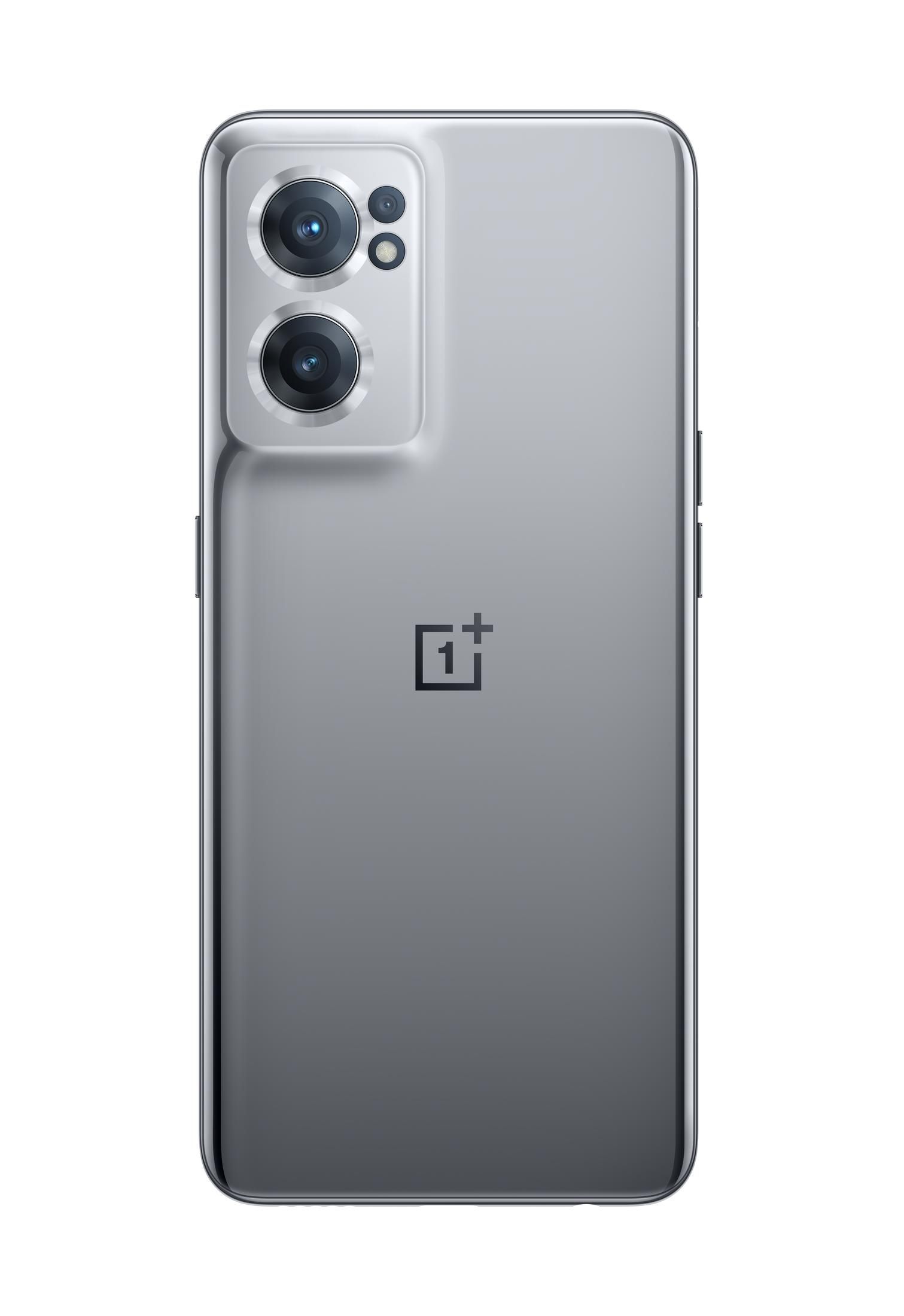 Zilveren smartphone achterkant met twee camera's en een OnePlus logo.