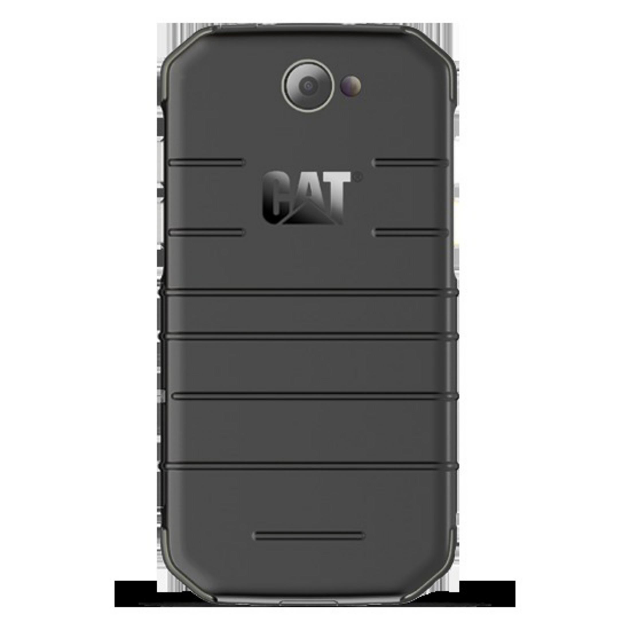 Ein schwarzes Telefon der Marke CAT mit Kamera und geriffeltem Rückendesign.