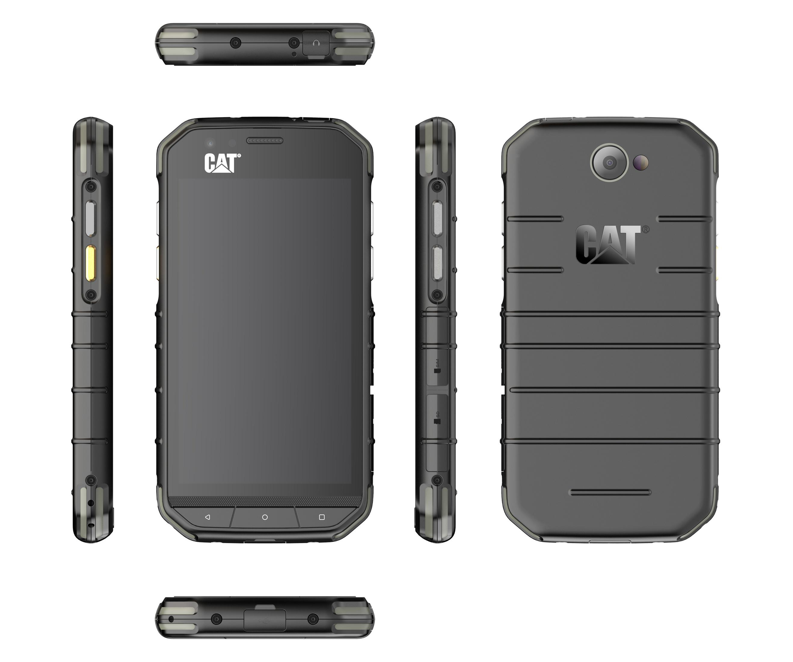 Schwarzes CAT-Smartphone mit mehreren Ansichten, robustes Design, auf Weiß.