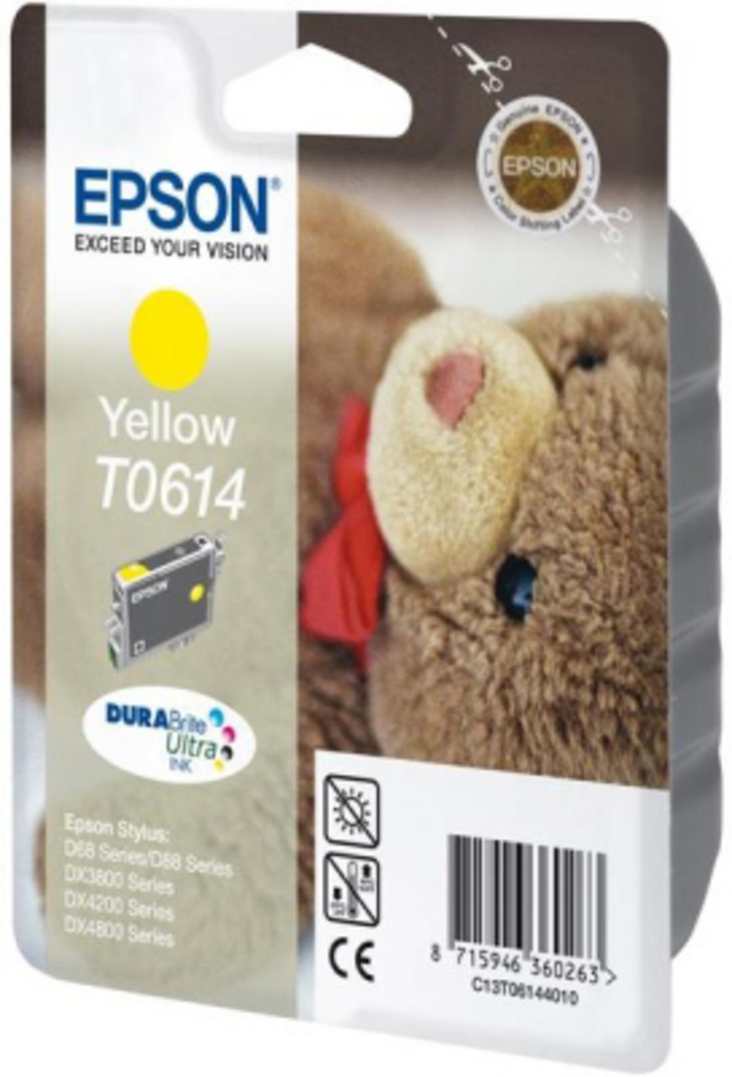 Epson inktcartridge verpakking, gele inkt zichtbaar, met een teddybeer op de achtergrond.