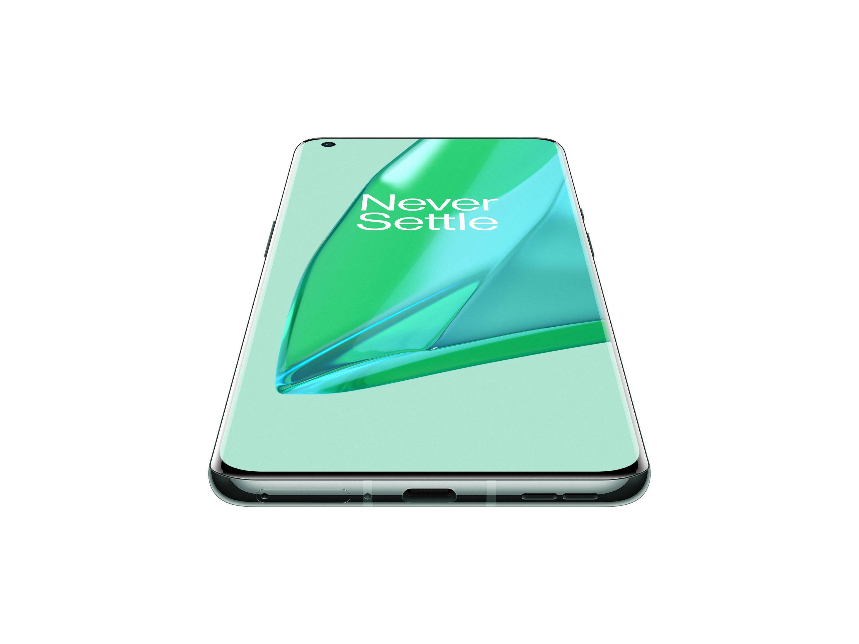 Green and black phone with the words 'Never Settle' on the screen.