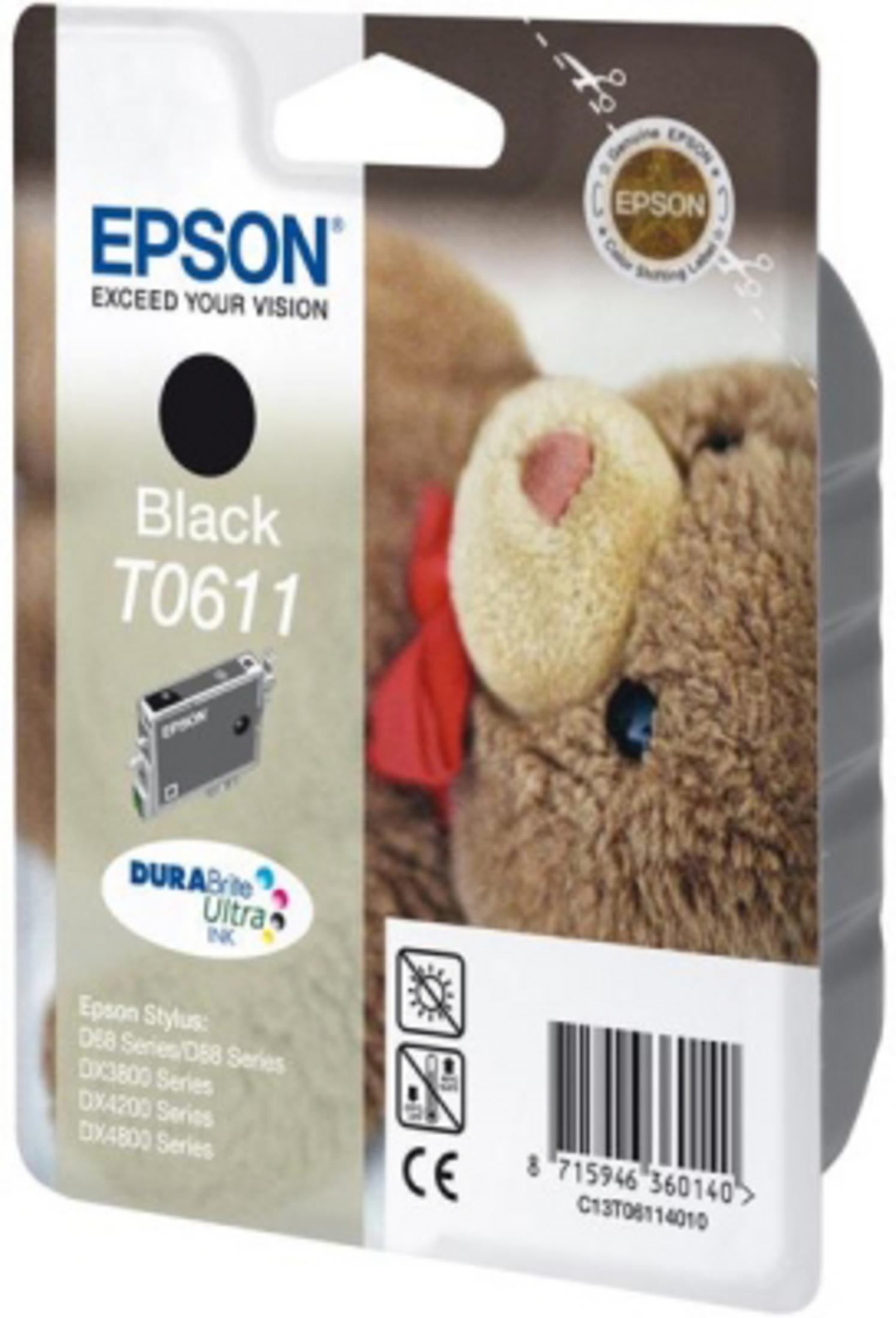 Epson Tintenpatronenverpackung mit einer Teddybär-Illustration und dem Text "Black T0611".