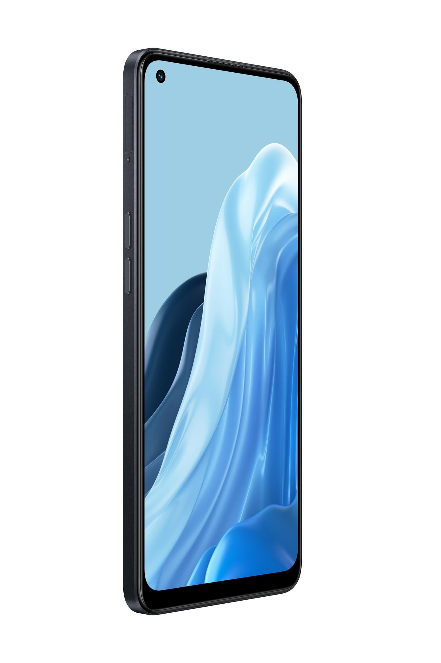 Schwarzes Smartphone mit blau getöntem Display. Der Bildschirm zeigt ein fließendes Muster.