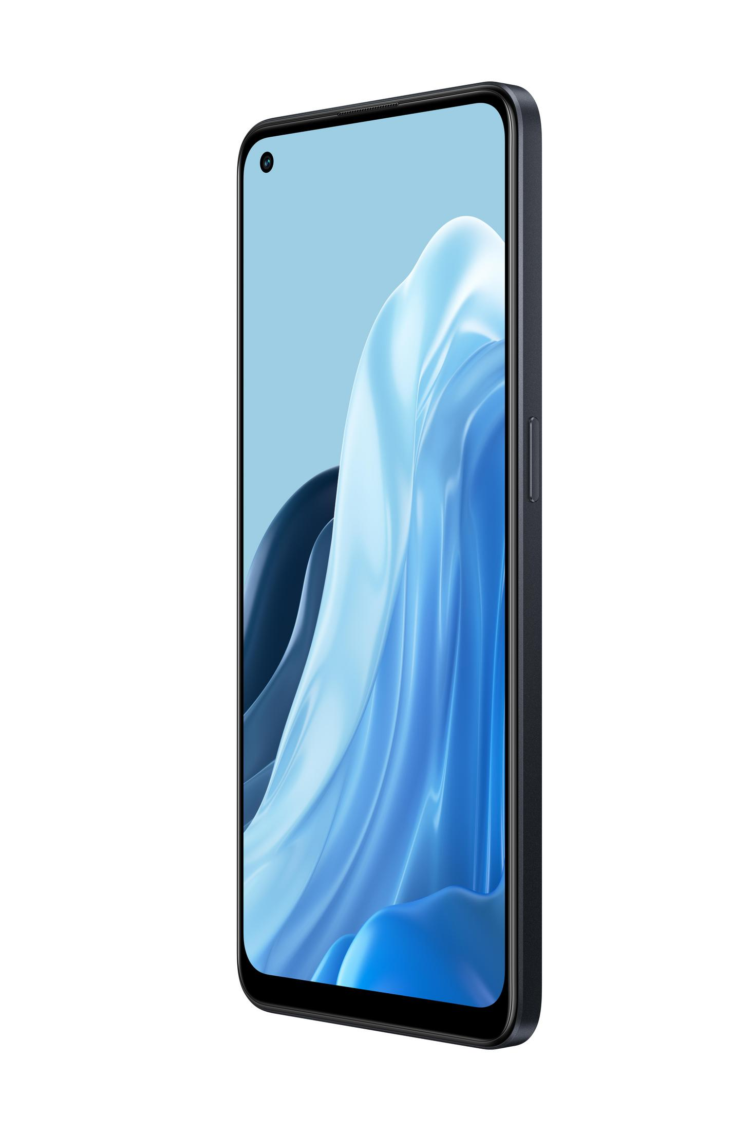 Ein schwarzes Smartphone auf weißem Hintergrund. Das Telefon zeigt eine abstrakte blaue Welle.