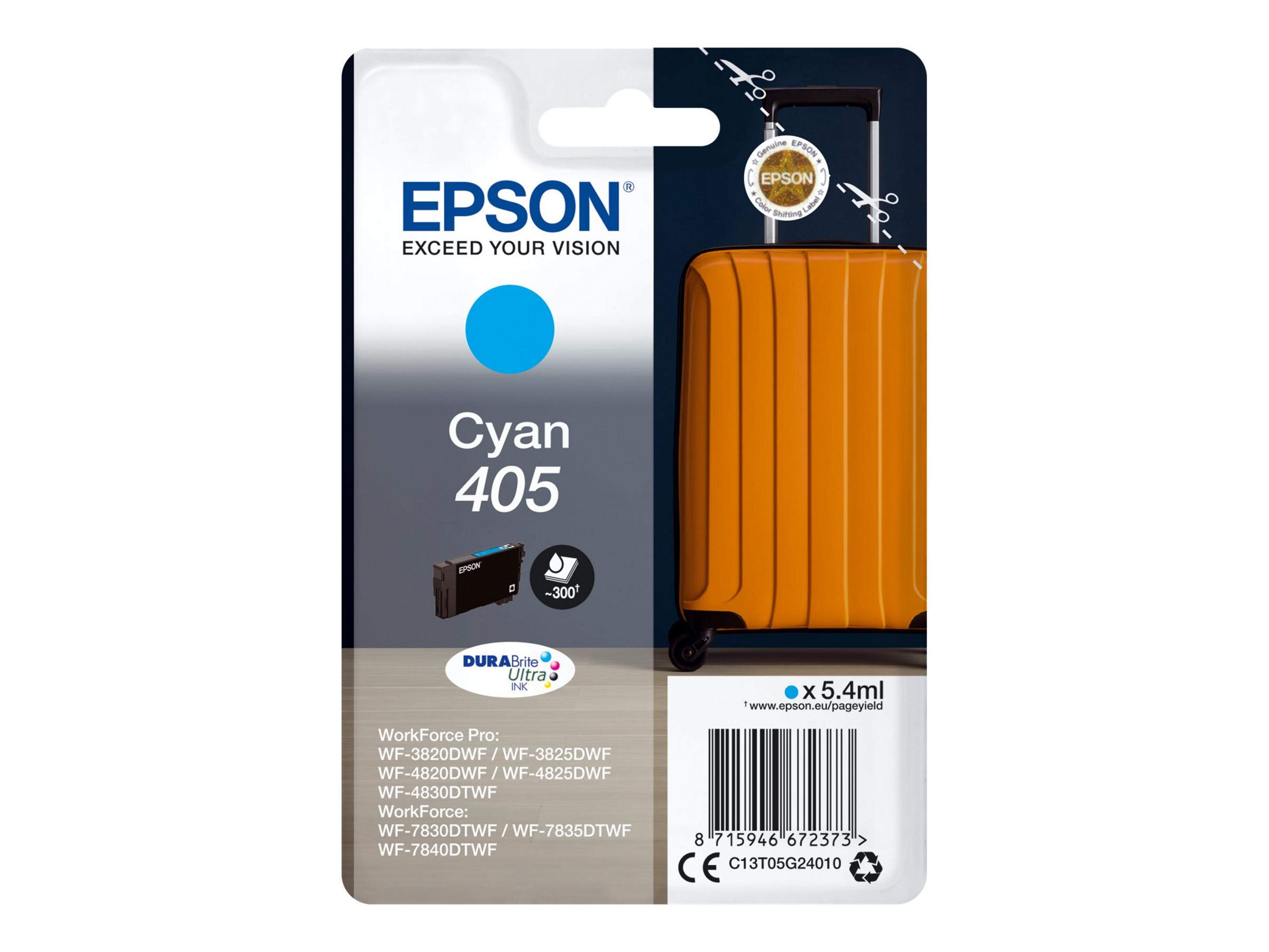 Wkład atramentowy Epson Cyan 405 i pomarańczowa grafika walizki na białym tle.