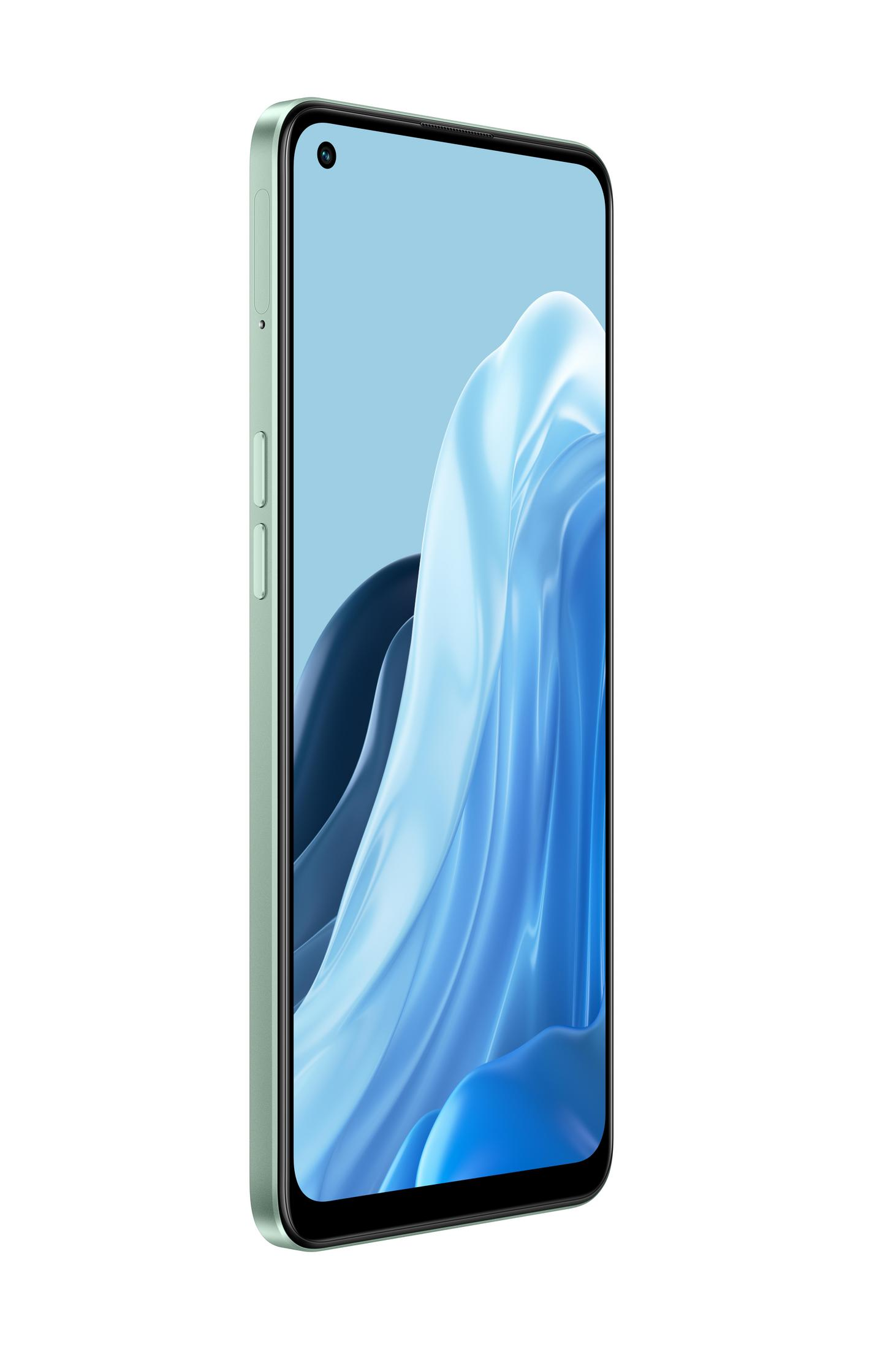 Grünes Smartphone auf der Seite, das seinen Bildschirm mit einem hellblauen und weißen abstrakten Design zeigt.
