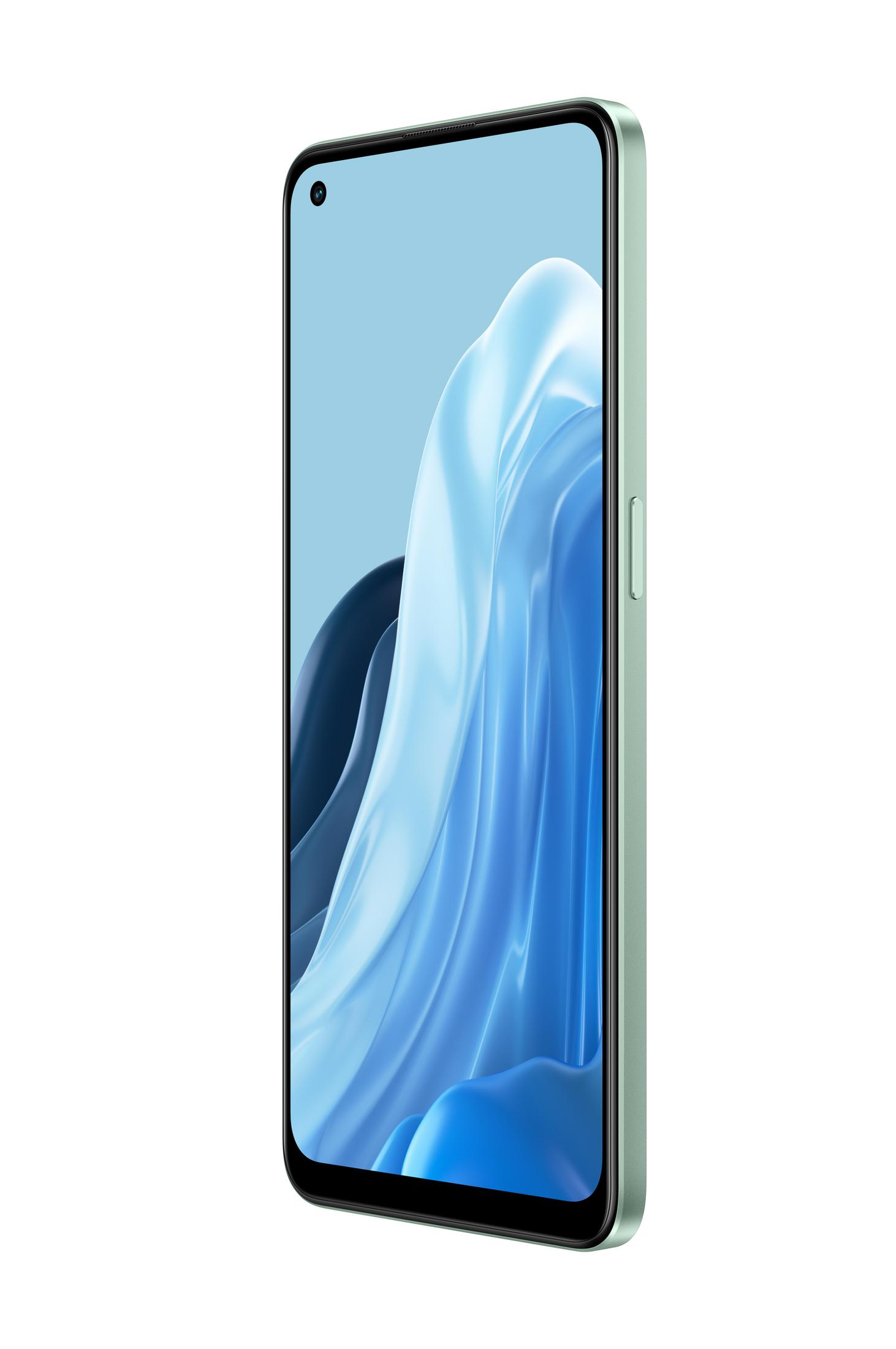 Abgewinkeltes grünes Smartphone, das einen Bildschirm mit blauem wasserähnlichem Bildmaterial zeigt. Die Seite des Telefons zeigt eine Ein-/Aus-Taste.