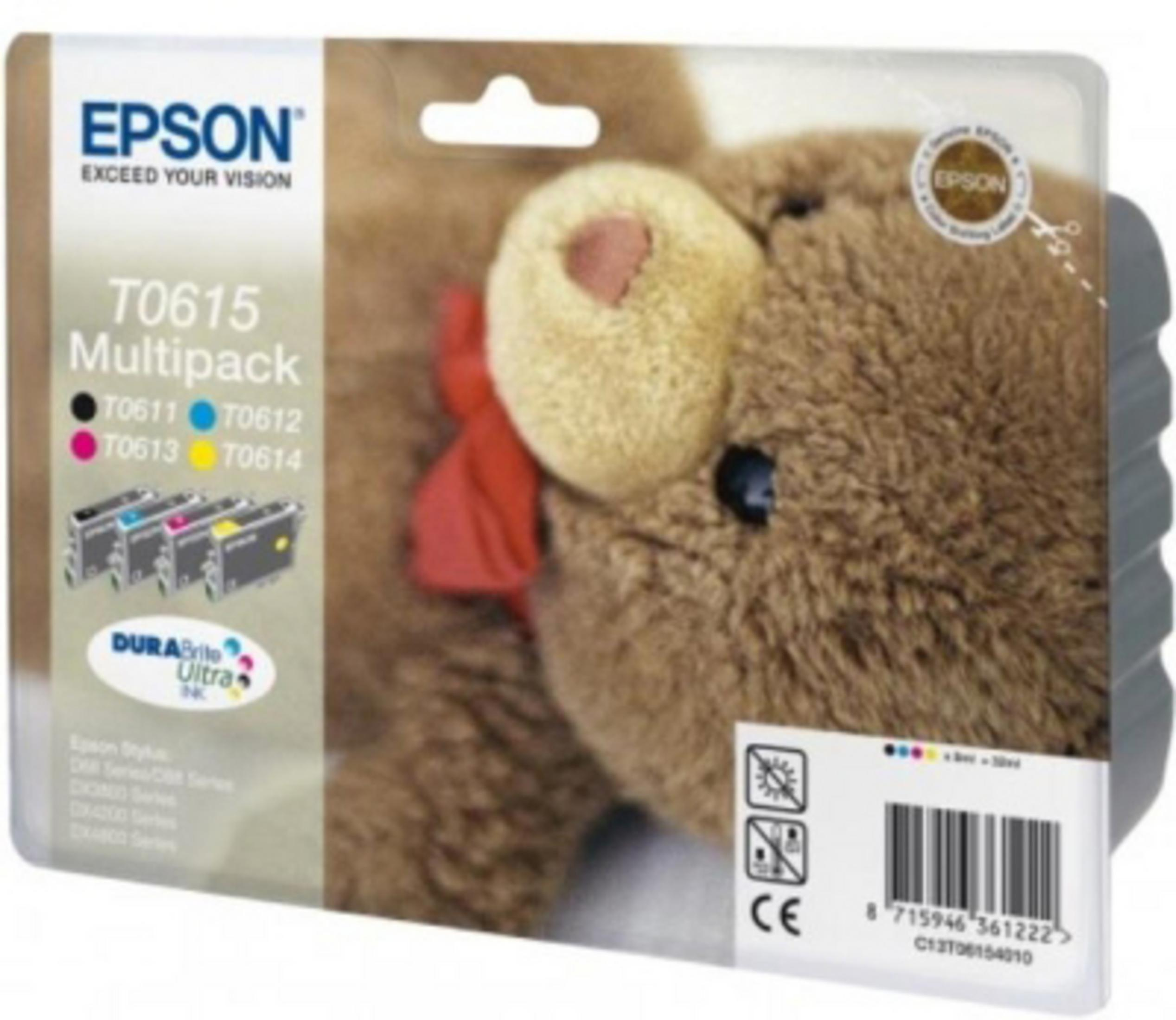 Epson Tintenpatronen, in einer Box mit einem Teddybären-Bild auf der Vorderseite.