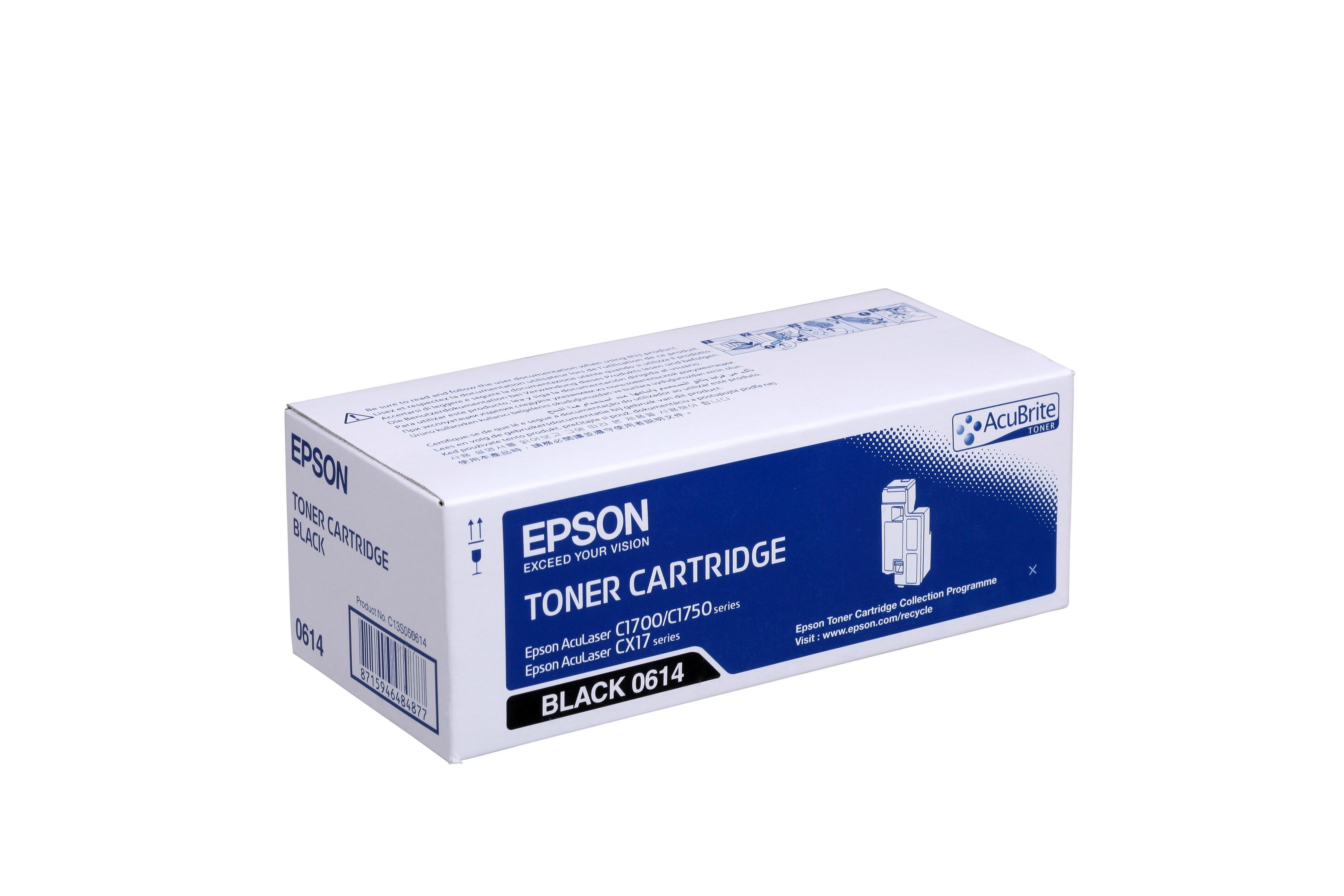 Scatola bianca di cartucce toner Epson. Testo 'EPSON TONER CARTRIDGE' in blu. Nero 0614.