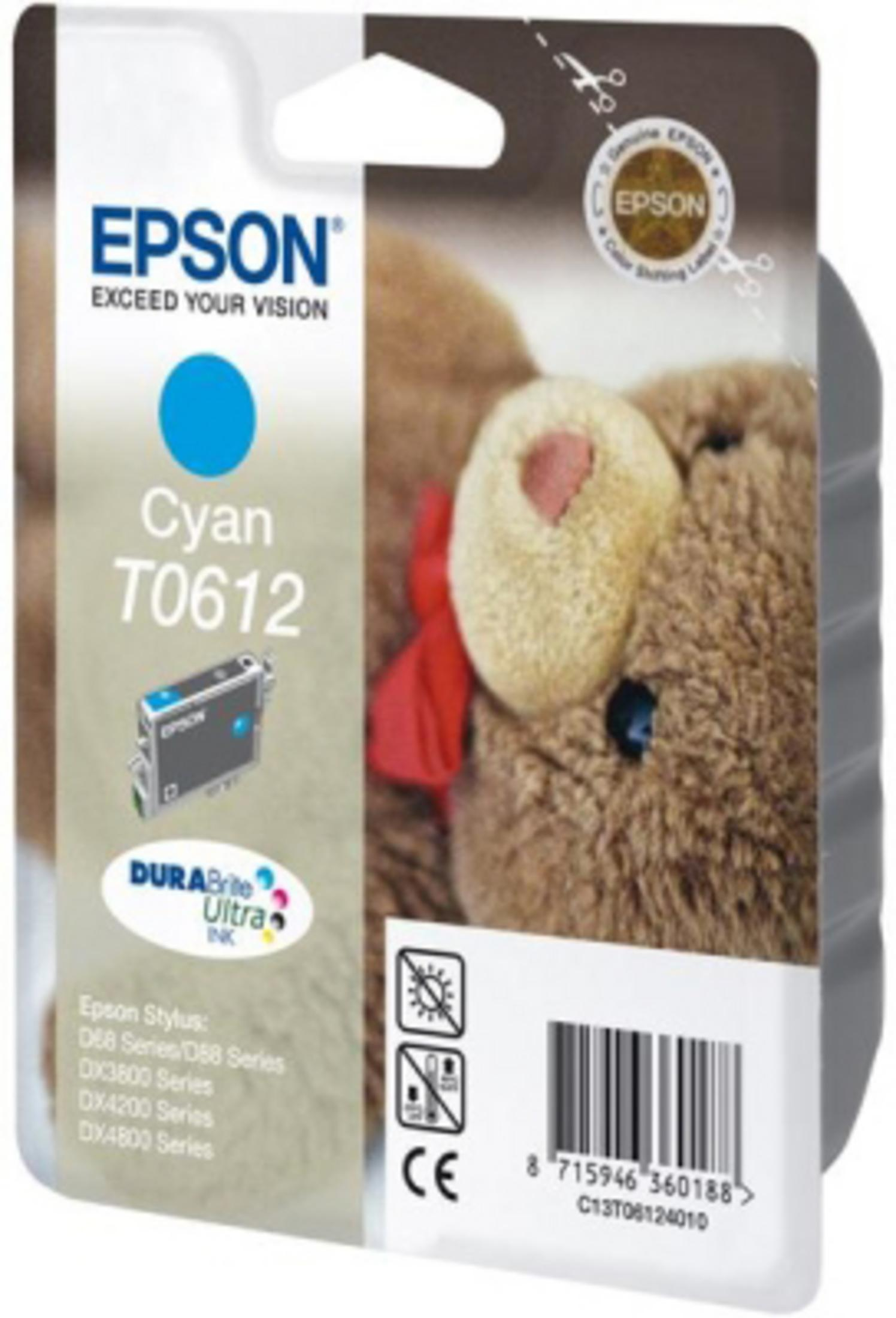 Epson cyaan inktcartridge in een verzegelde verpakking. Het heeft een blauwe inktcartridge en een afbeelding van een teddybeer.