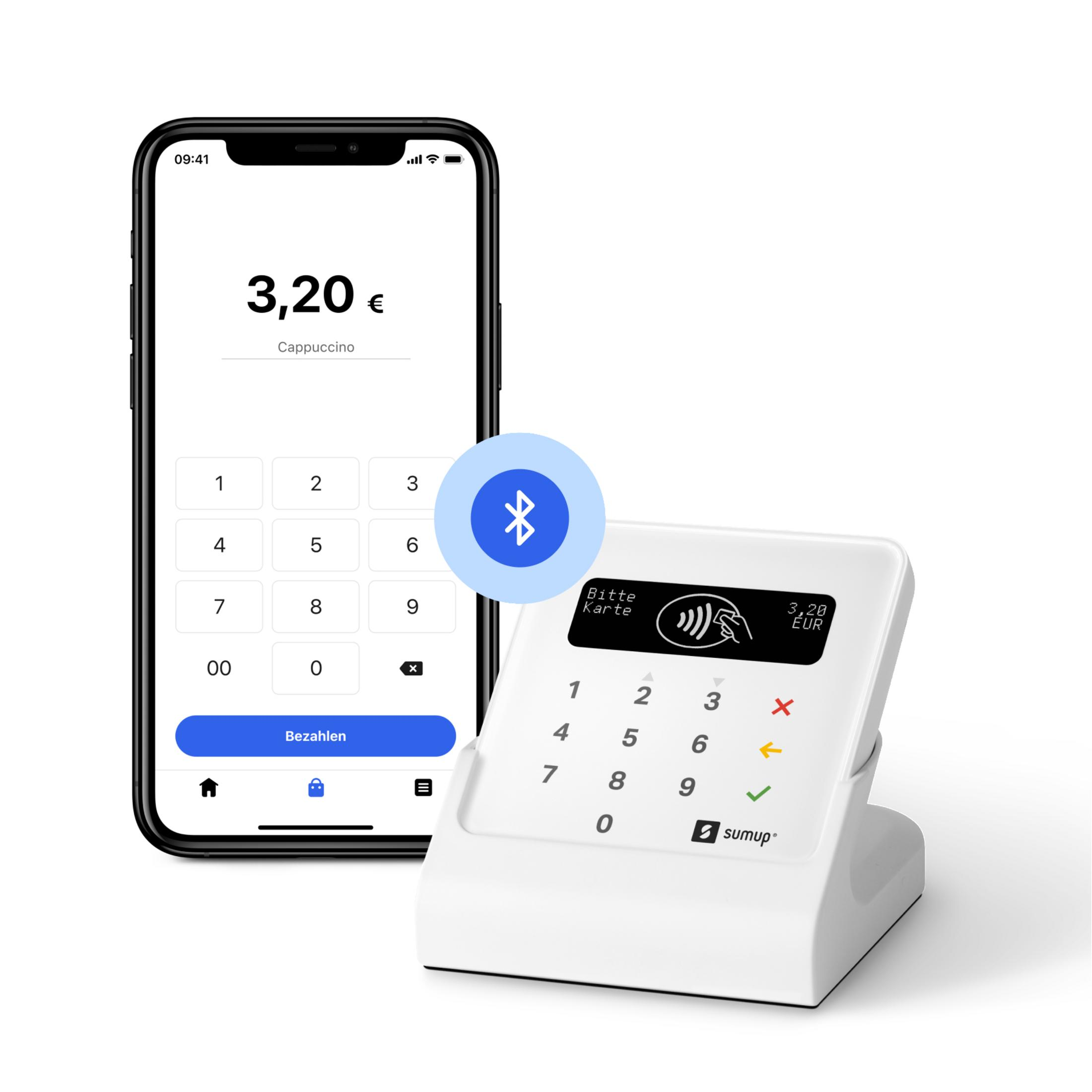 Teléfono y terminal de pago con símbolo Bluetooth, mostrando una transacción.
