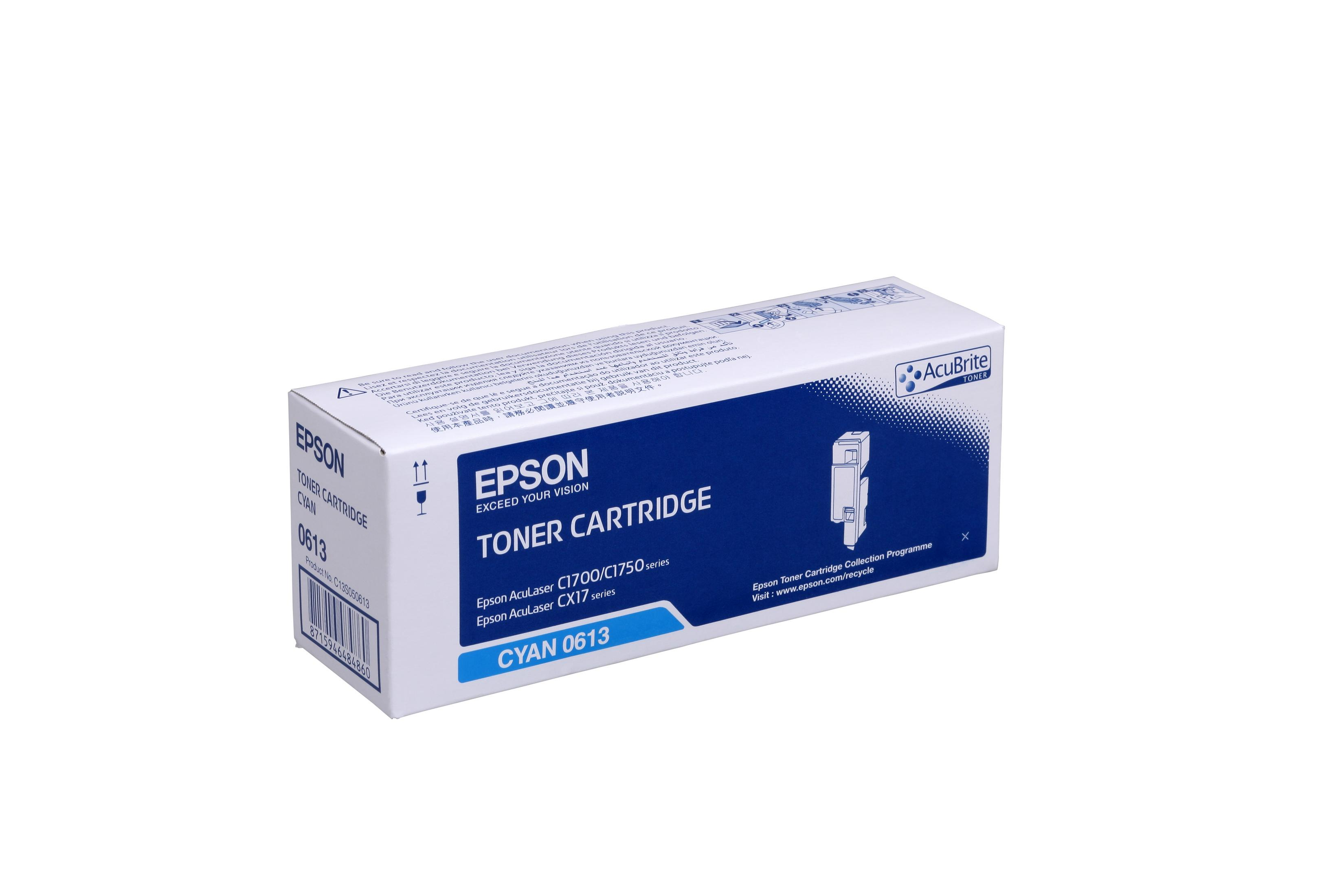 Scatola della cartuccia toner Epson. Scatola bianca con testo e logo blu e nero sul fronte.
