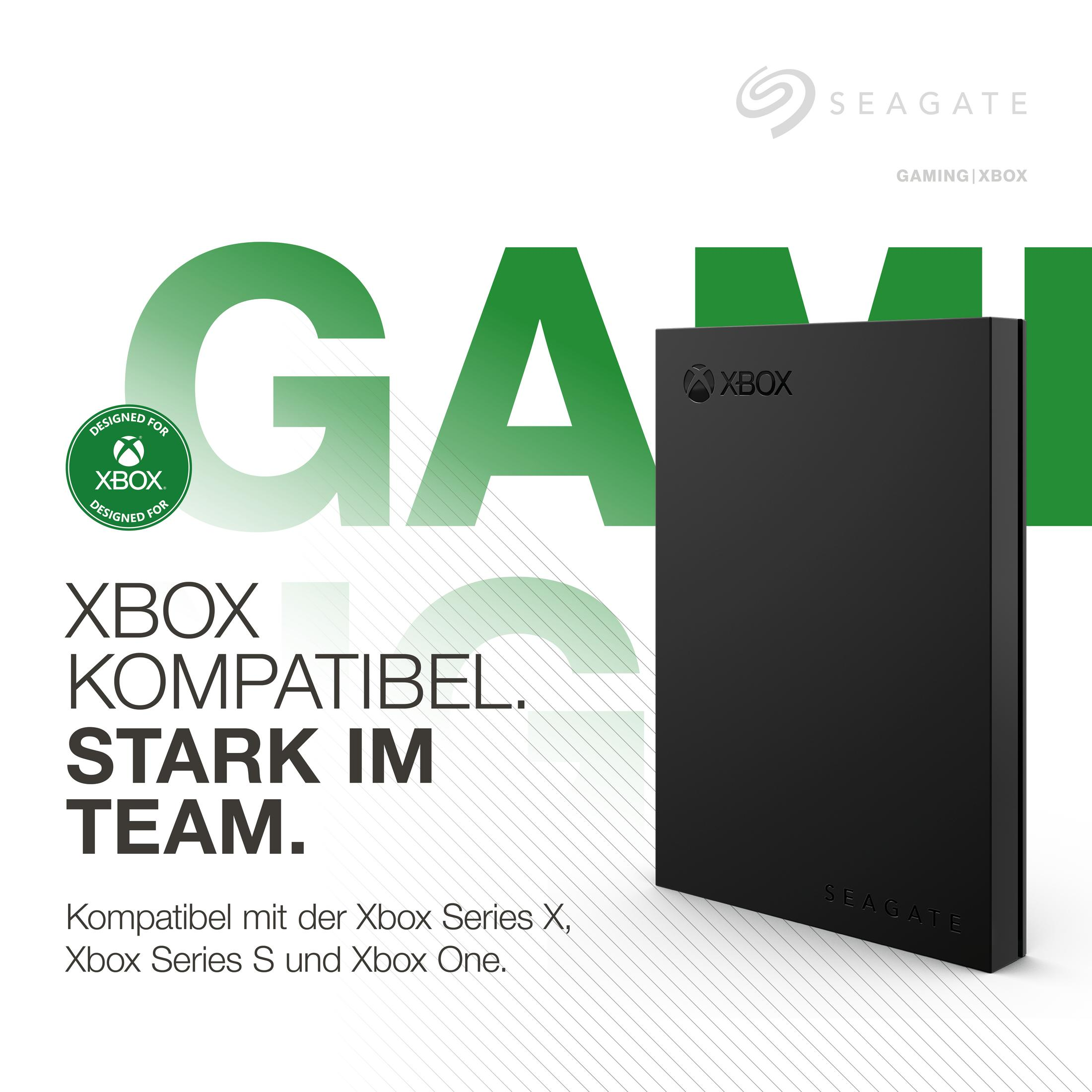 Czarny zewnętrzny dysk twardy Seagate dla Xbox. Tekst: Kompatybilny z Xbox. Zaprojektowany dla Xbox.