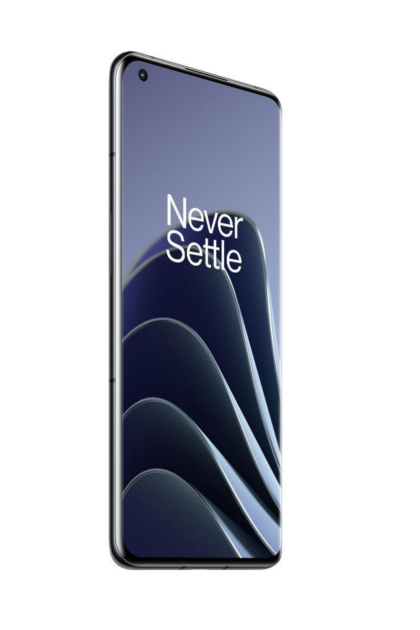 Zwarte telefoon met een groot scherm. Het scherm heeft de woorden "Never Settle" erop.