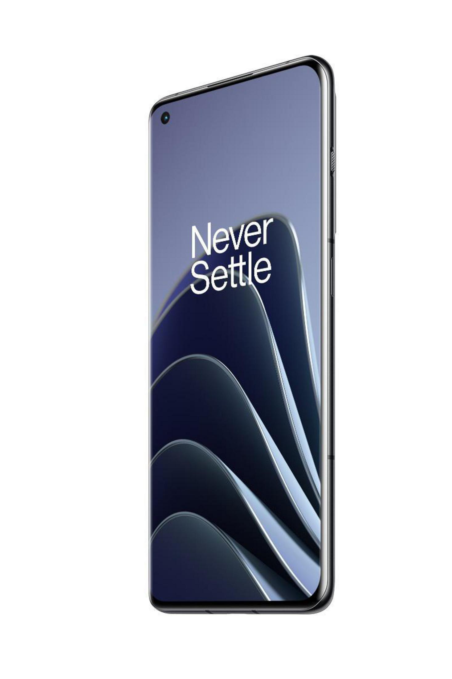 Een smartphone met een scherm waarop 'Never Settle' staat.