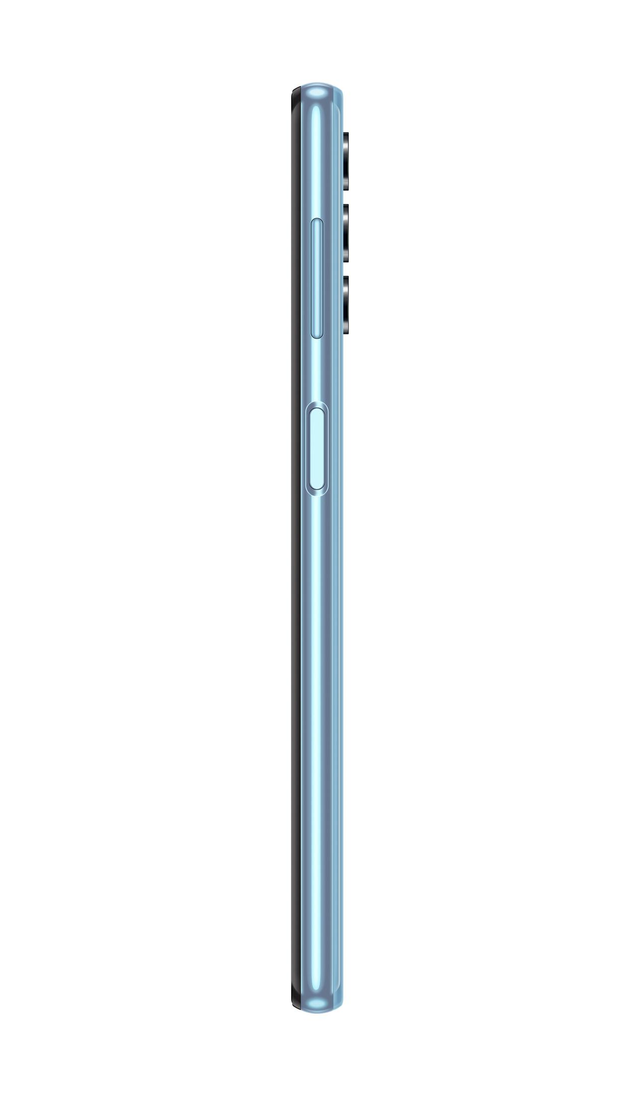 Seitenansicht eines hellblauen Telefons. Weißer Hintergrund.