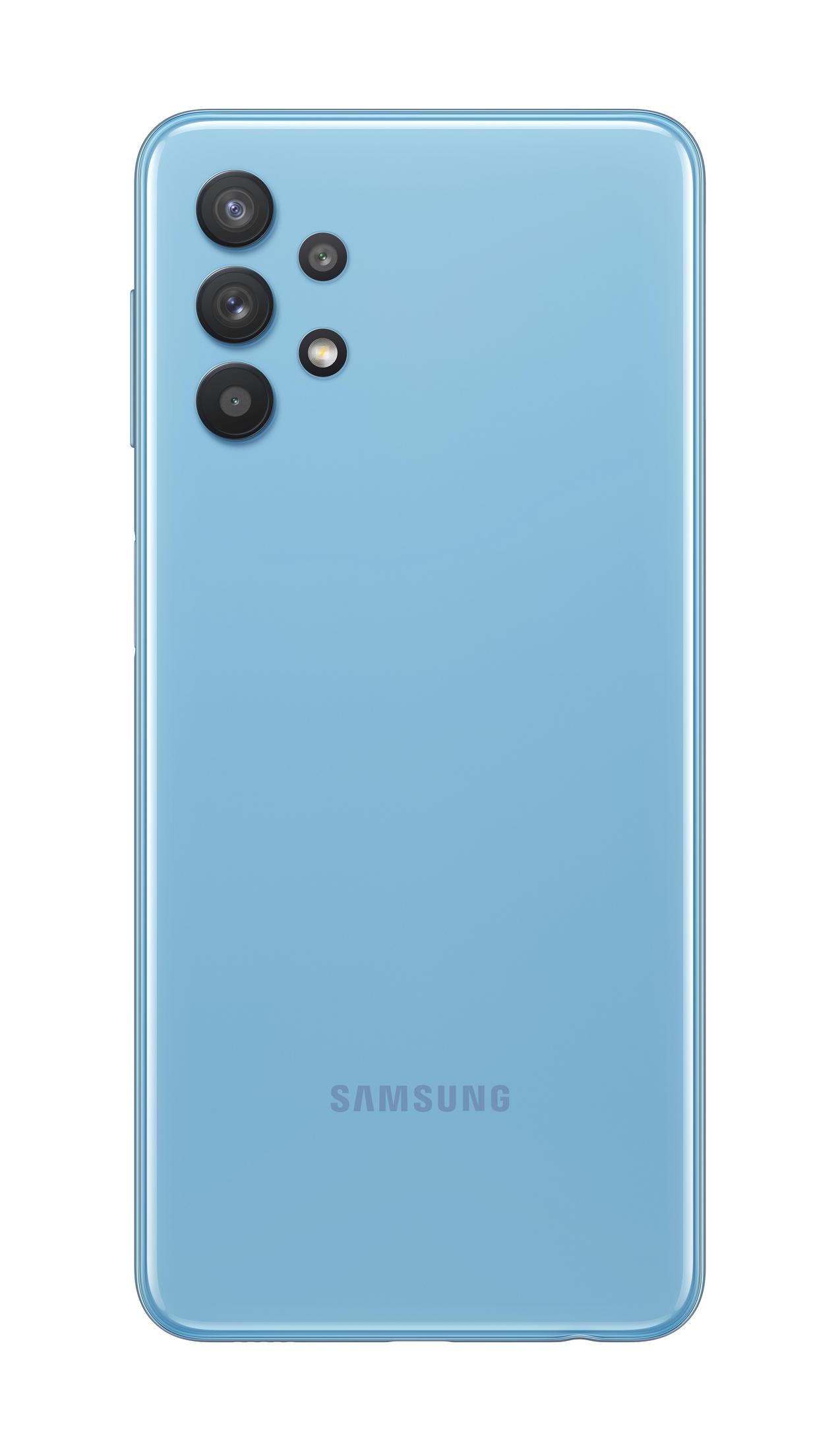 Hellblaue Telefonrückseite mit Kameras. Samsung-Logo unten.