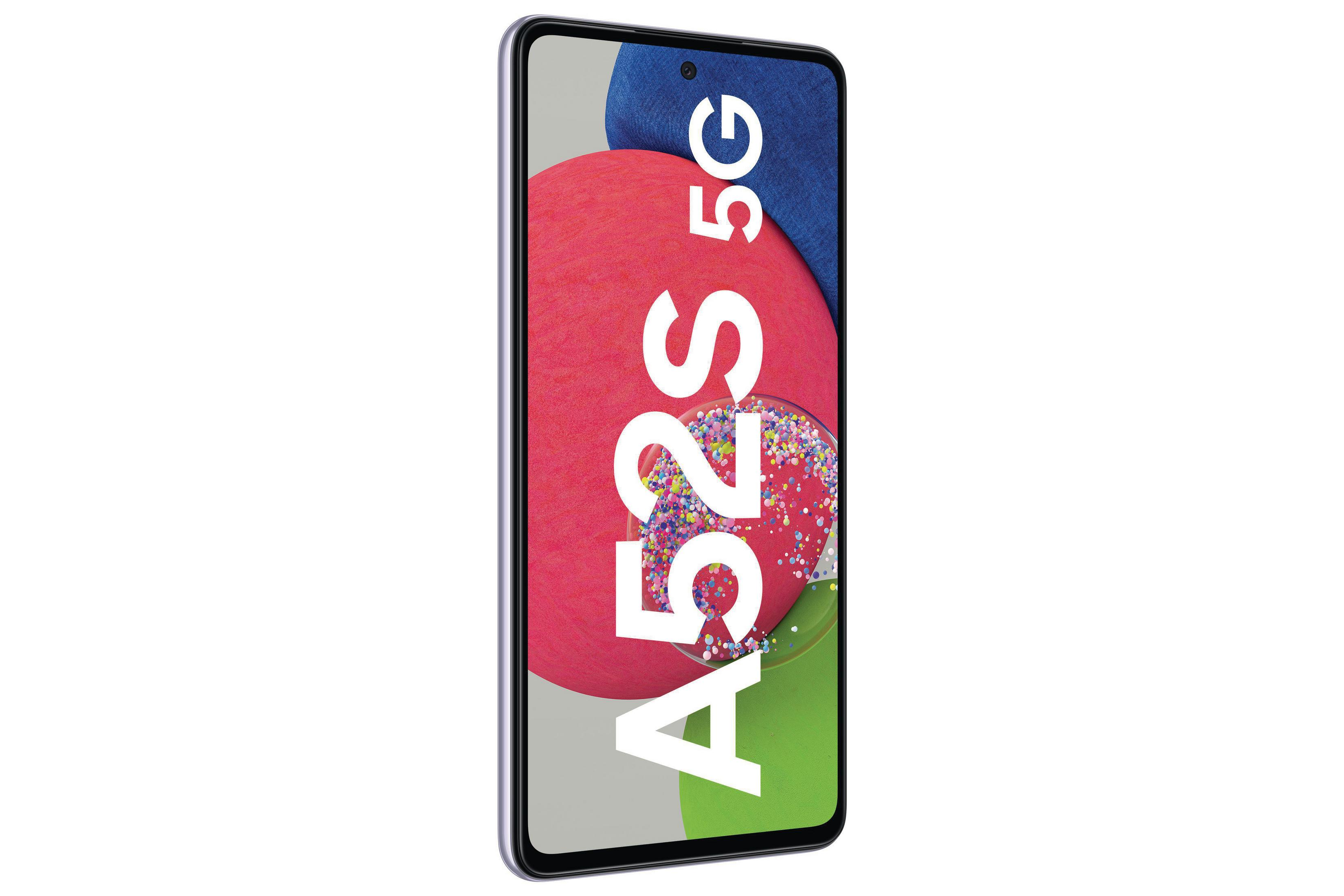 Een Samsung A52S 5G-telefoon met een rode en groene achtergrond.