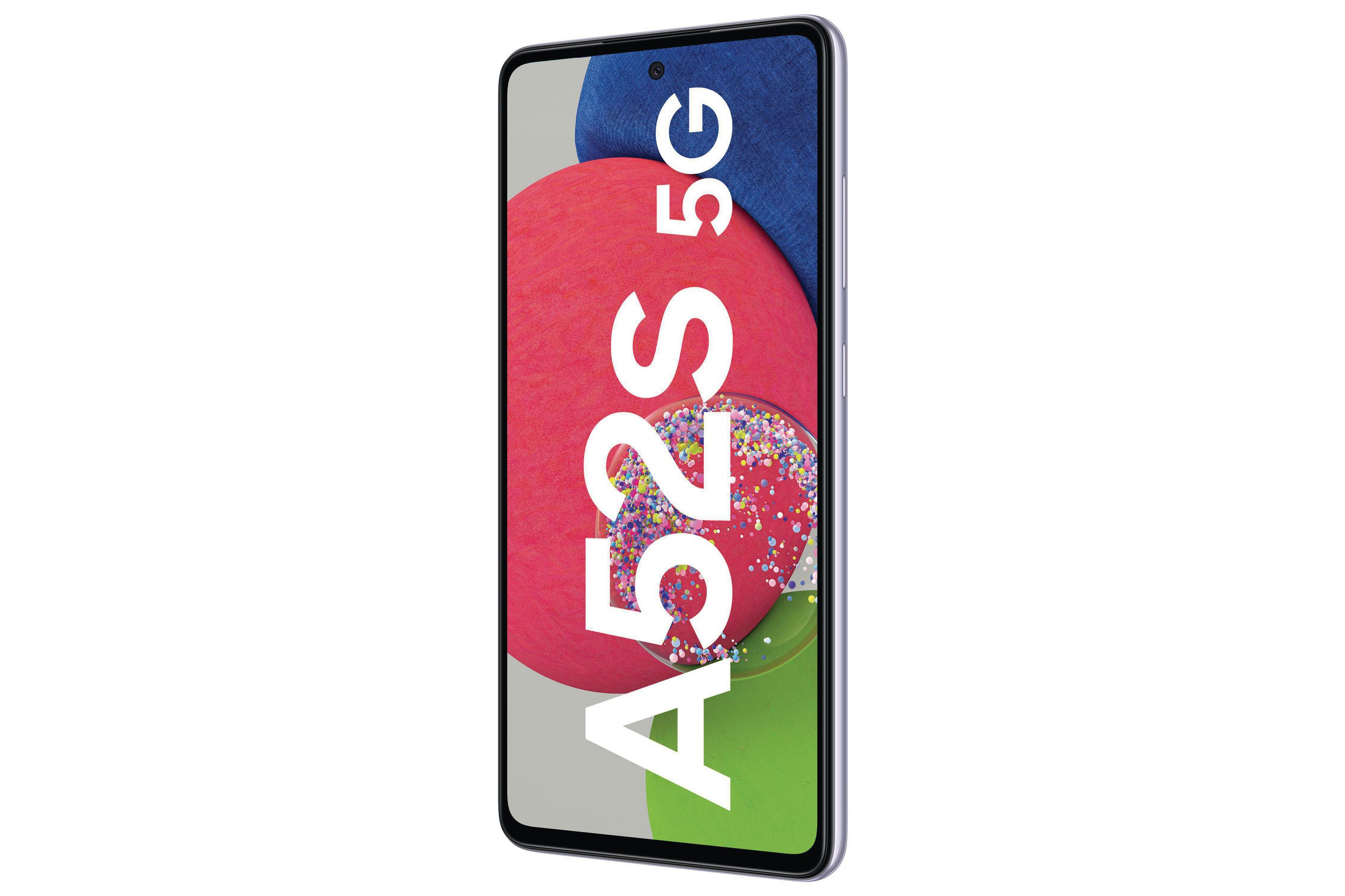 Een smartphone met een kleurrijk scherm en de tekst 'A52S 5G'.