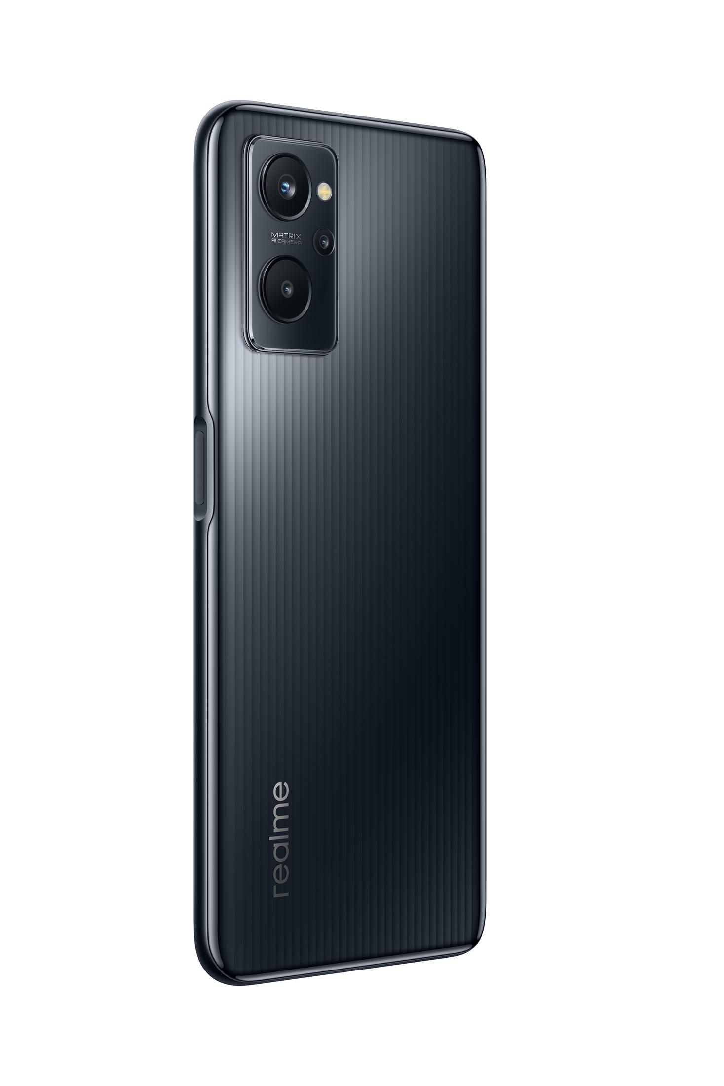 Schwarzes Mobiltelefon, Rückansicht. Mit Kamera und realme-Logo.