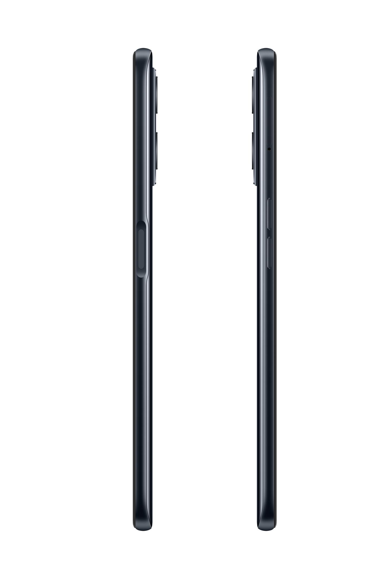 Zwei schwarze Smartphones, Seitenansicht, Seiten und Tasten zeigend. Auf weißem Hintergrund isoliert.