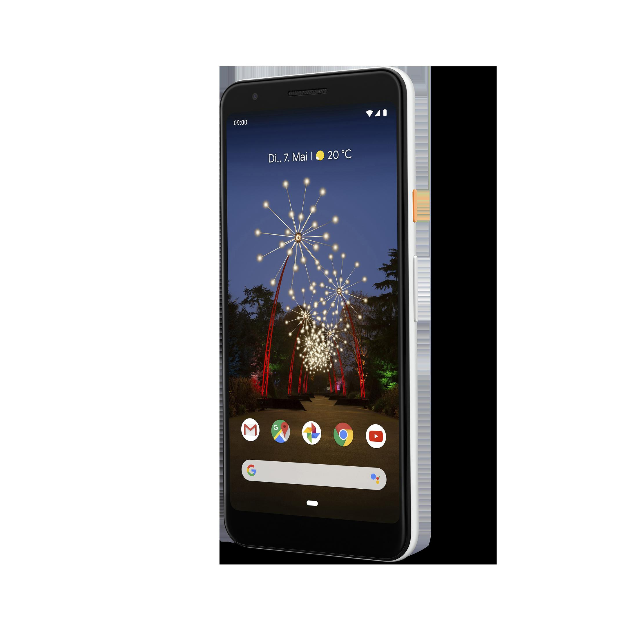 Ein Telefon mit einem Bildschirm, der eine Nachtszene mit Feuerwerk zeigt. Google Apps sind unten.