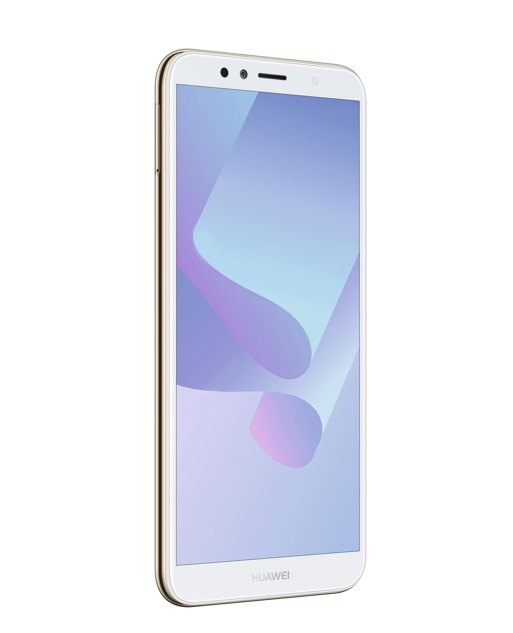 Biały i złoty smartfon na białym tle. Telefon ma ekran i trzy przednie aparaty.