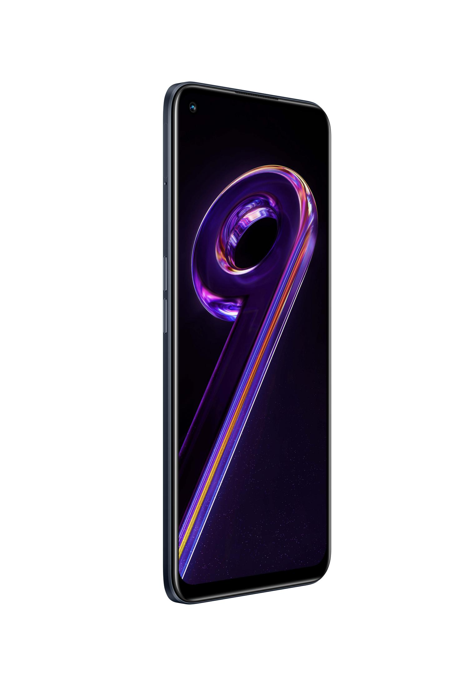 Smartphone avec un design violet sur l'écran, vue en angle.