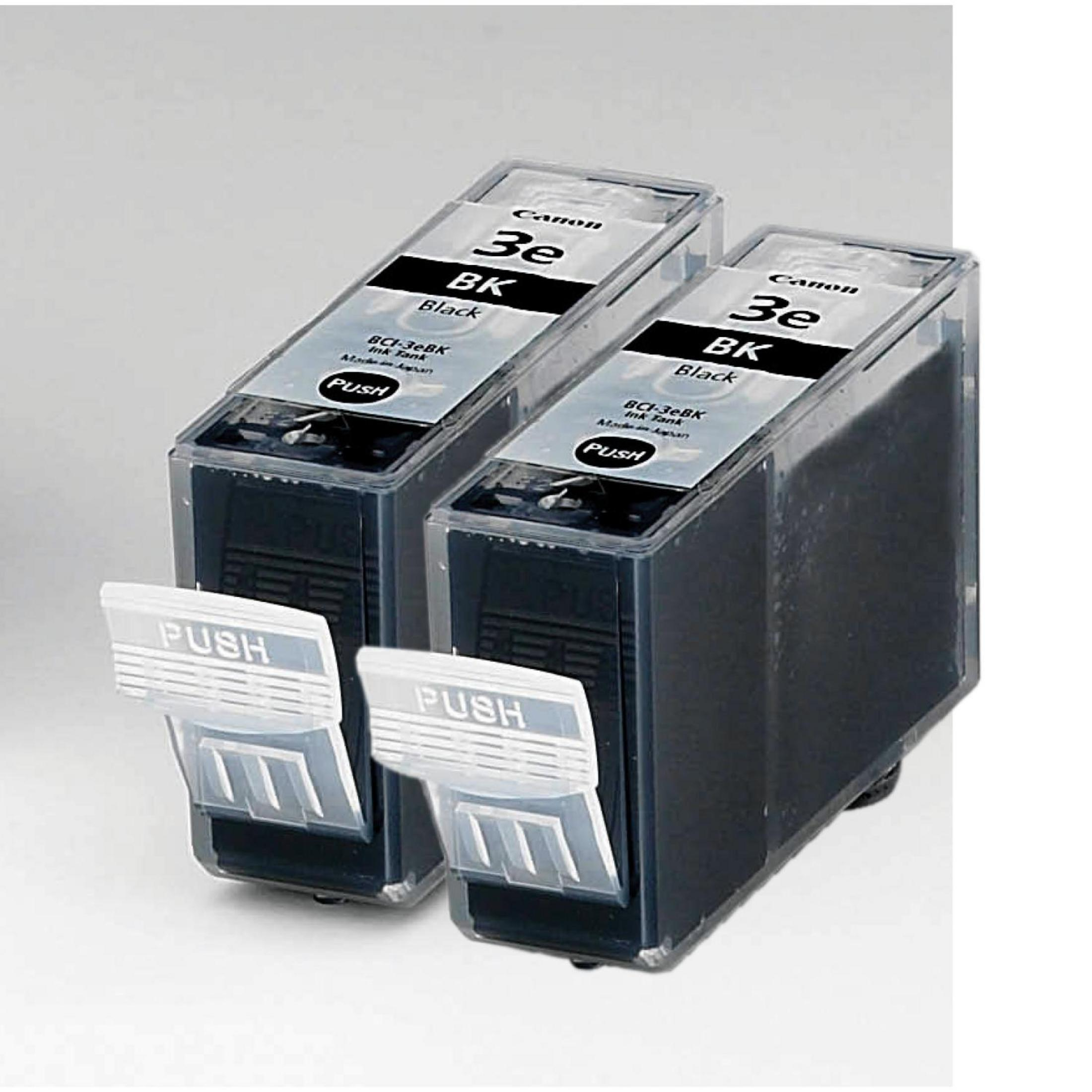 Zwei Canon-Tintenpatronen, beschriftet mit 3e BK Black, mit Push-Laschen. Beide sind schwarz und transparent.
