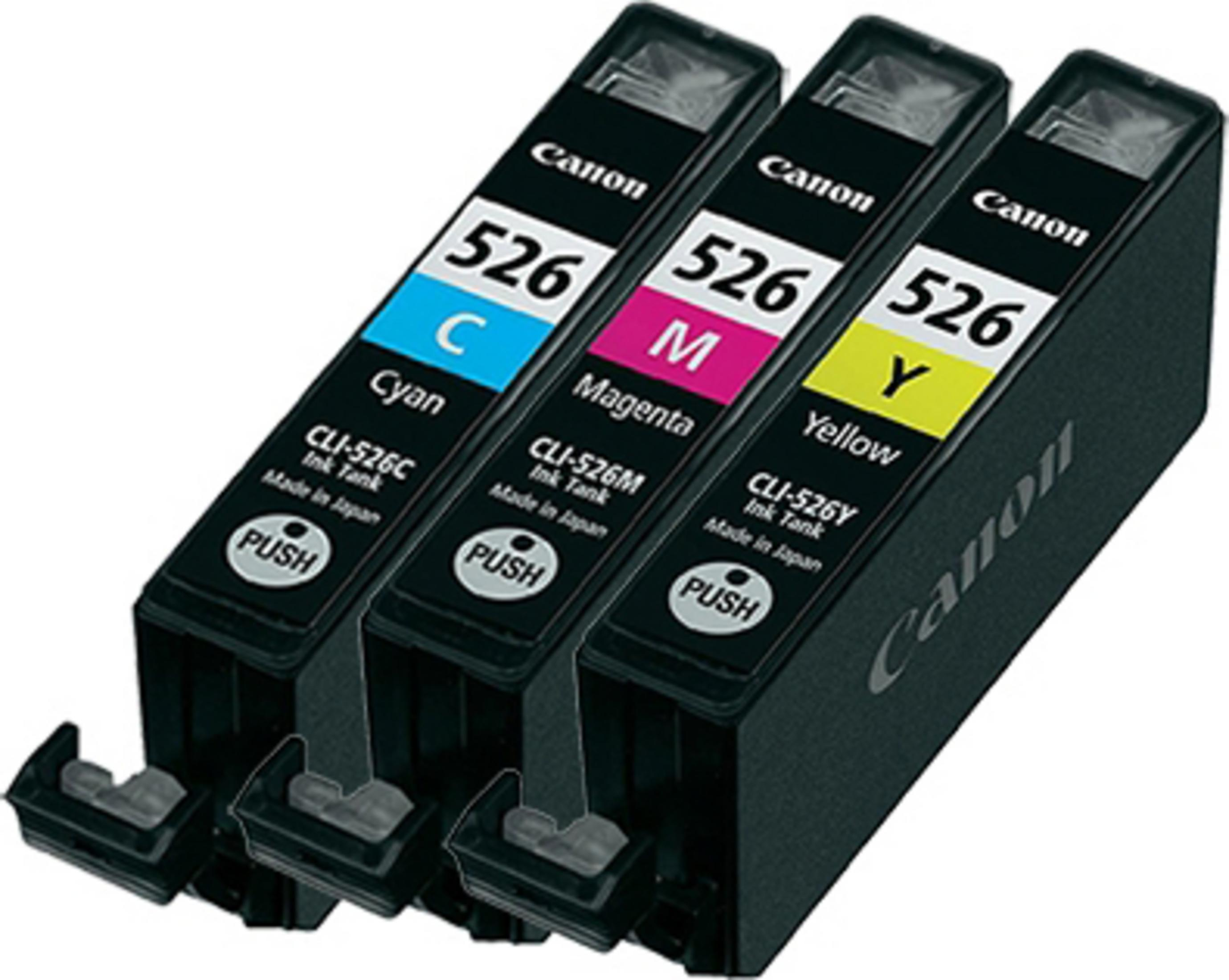 Trois cartouches d'encre Canon : cyan, magenta et jaune. Étiquetées avec le numéro de modèle.