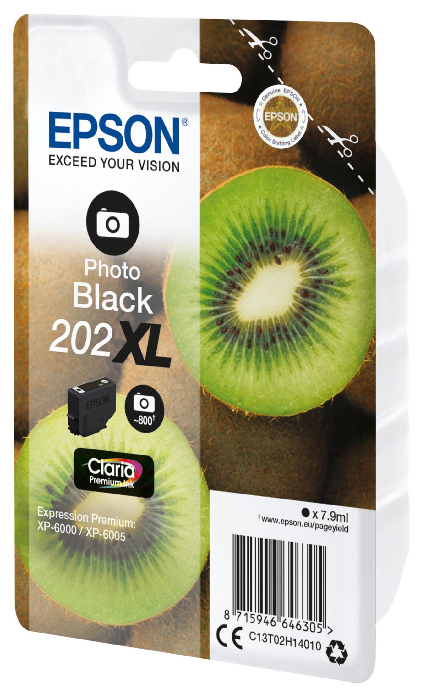 Emballage de cartouche d'encre Epson avec kiwi et texte sur fond blanc et vert.