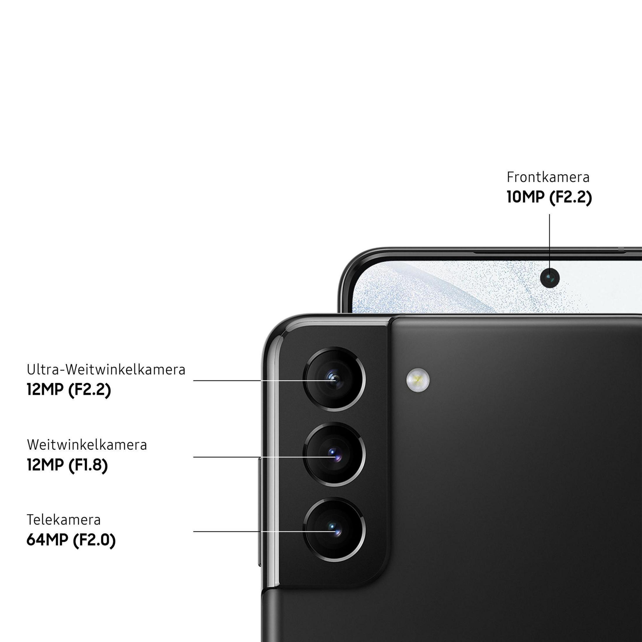 Close-up van de zwarte achterkant van een telefoon met drie cameralenzen met labels en details van de camera aan de voorkant.