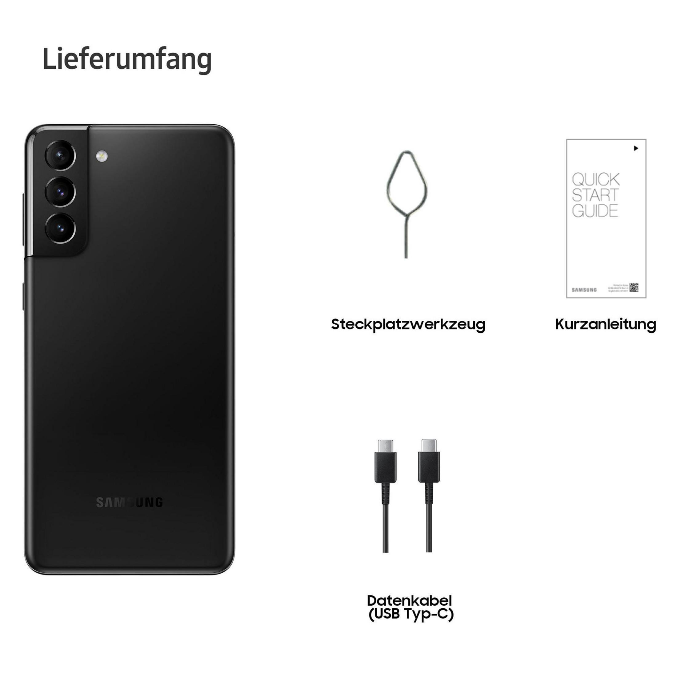 Zwarte Samsung-telefoon met accessoires: SIM-kaarttool, snelstartgids en oplaadkabels.