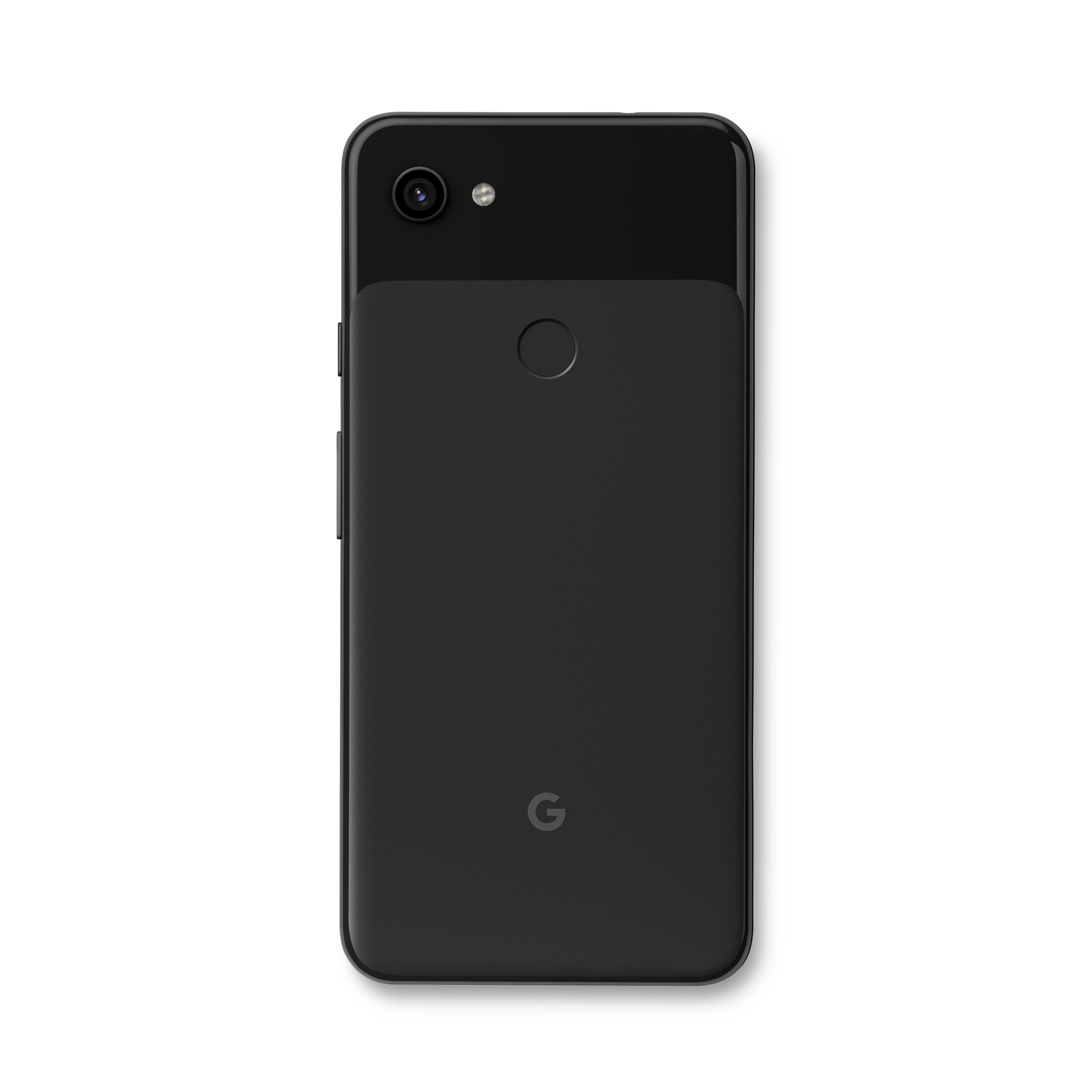 Schwarze Telefonrückseite mit Kamera, Fingerabdrucksensor und kleinem G-Logo.
