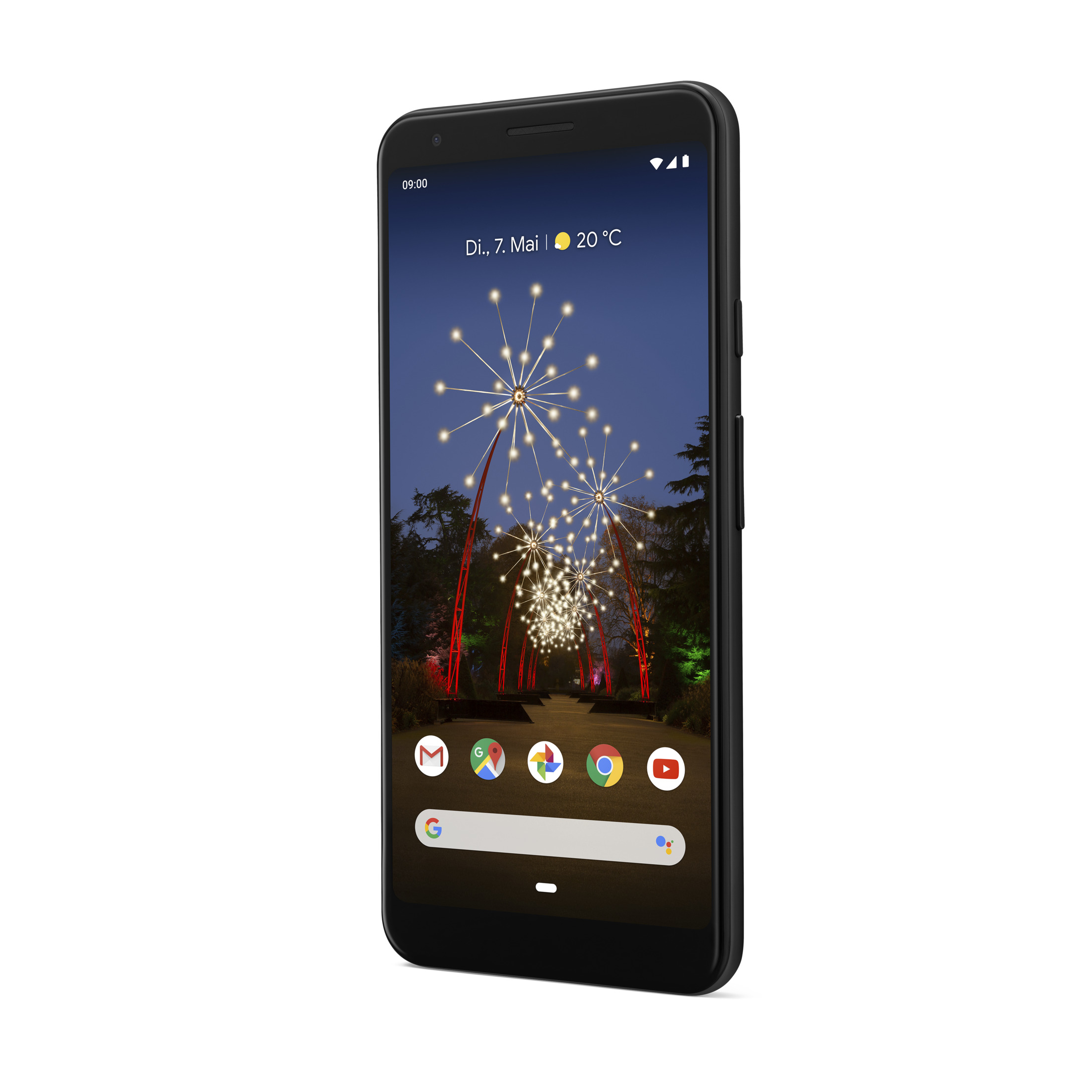 Schwarzes Telefon mit einem Bildschirm, der Lichter zeigt. Der Bildschirm zeigt die Uhrzeit und das Datum.
