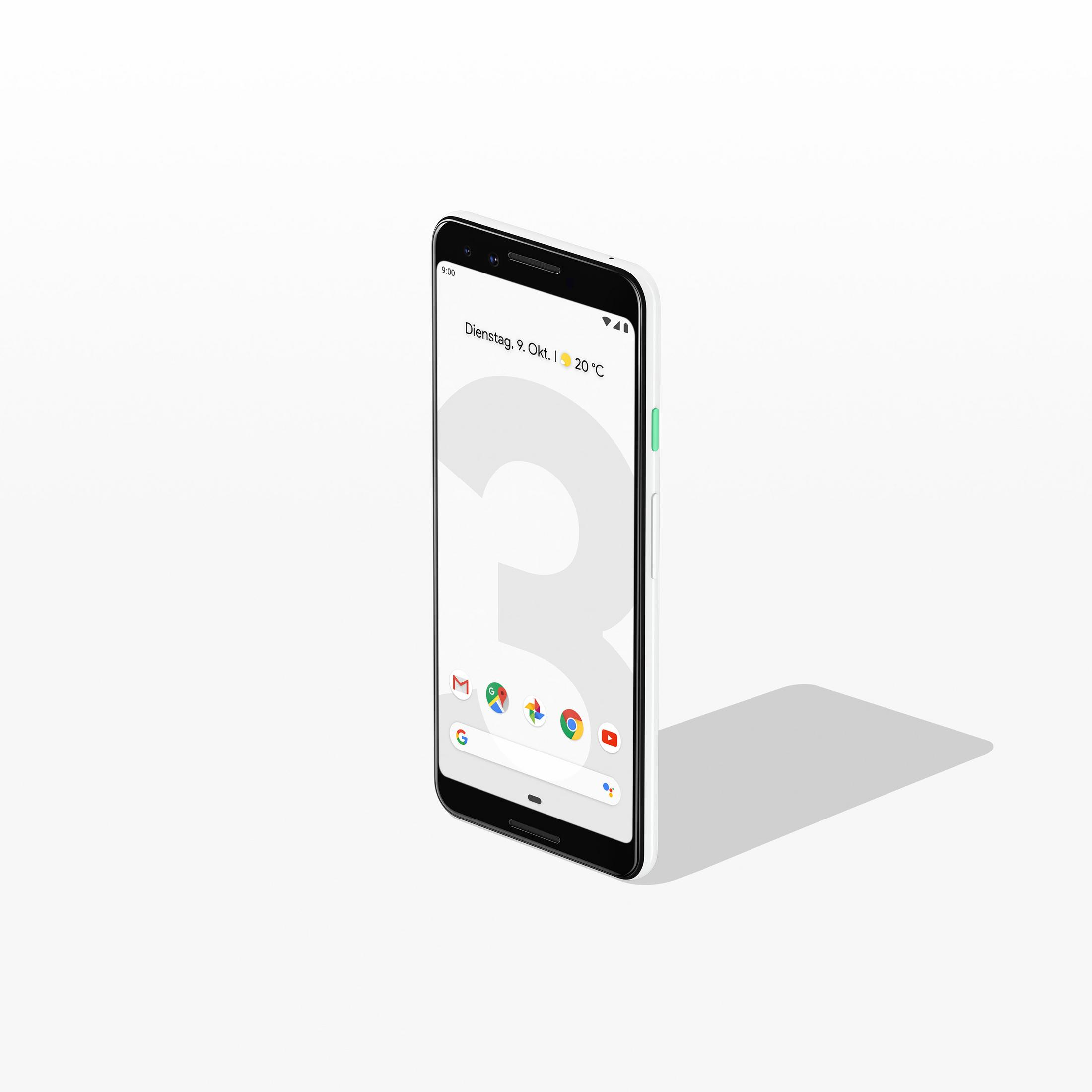 Ein weißes Smartphone mit schwarzem Bildschirm ist nach rechts abgewinkelt und wirft einen Schatten auf eine weiße Oberfläche.
