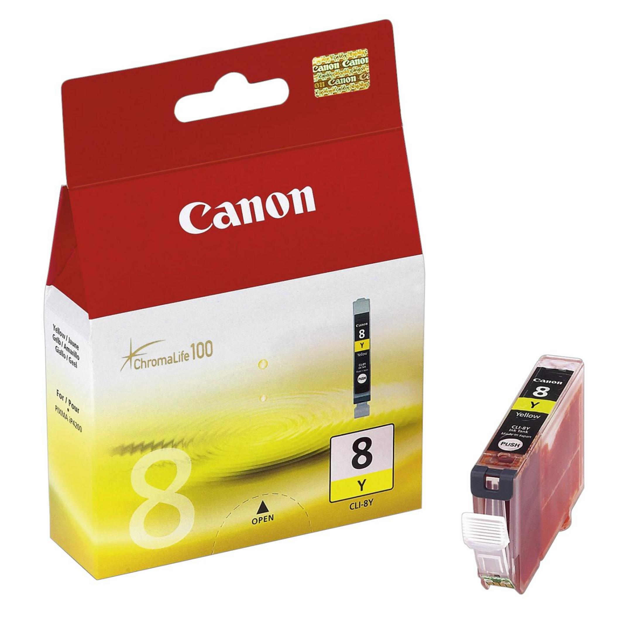 Pudełko z wkładem atramentowym Canon i wkład obok, białe tło.