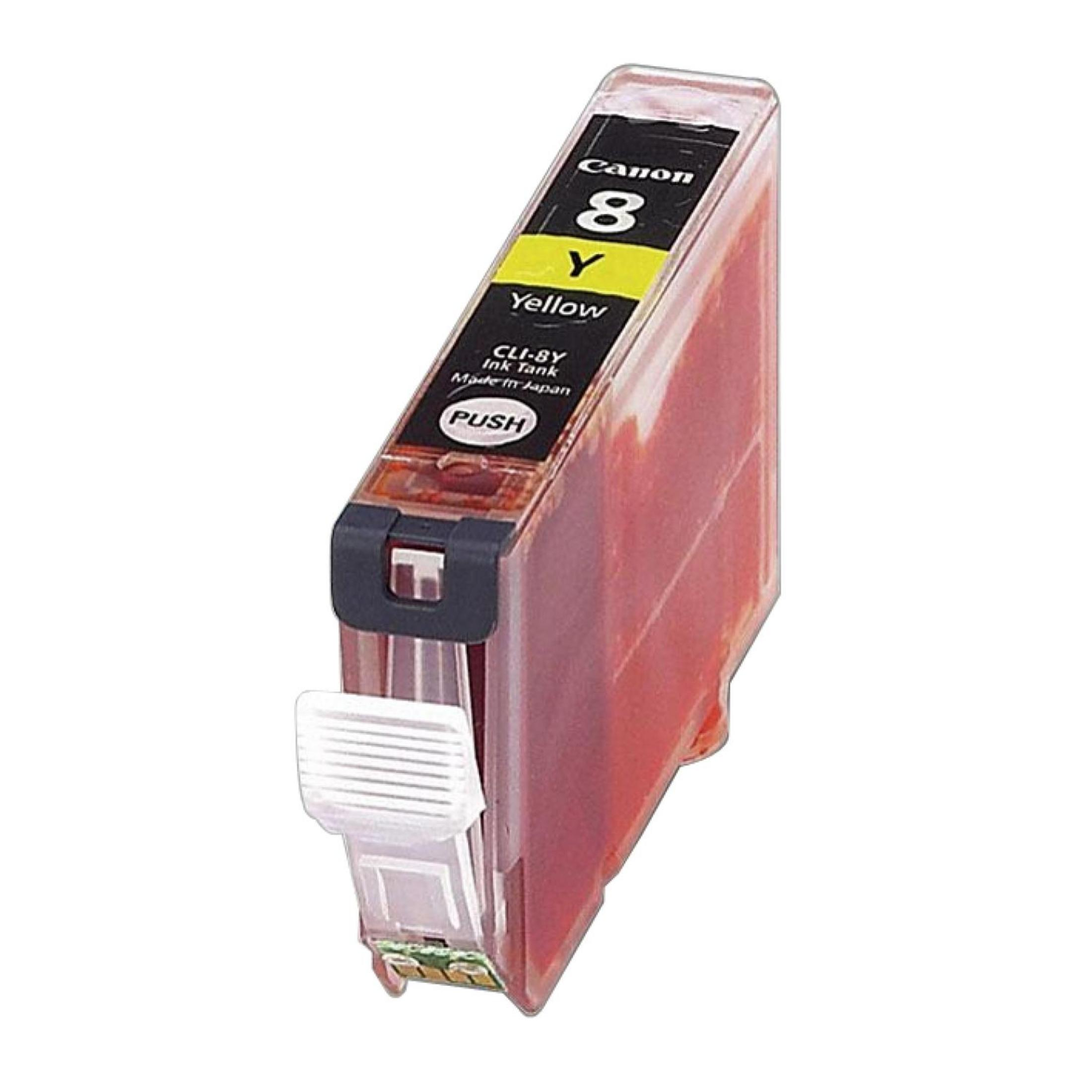 Żółty wkład atramentowy Canon 8 Y. Pokazuje wkład z przyciskiem.