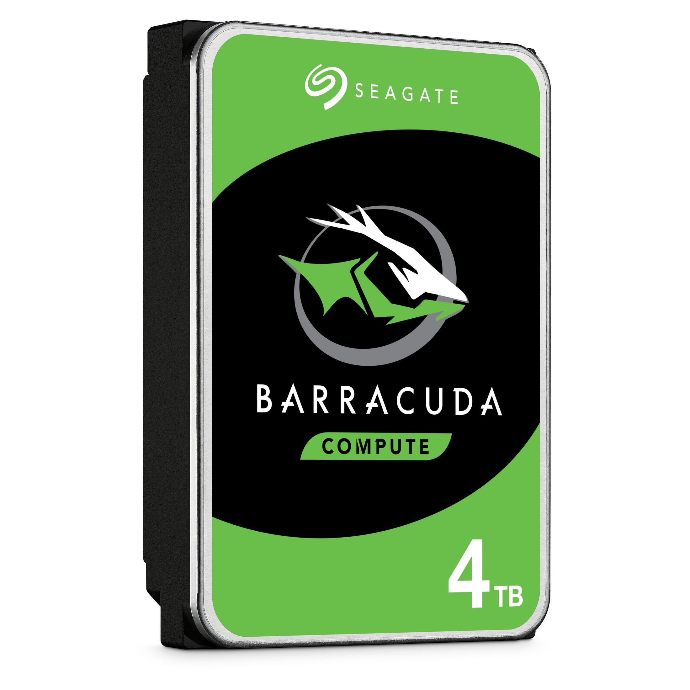 Dysk twardy Seagate Barracuda 4TB na białym tle, zielona i czarna etykieta.