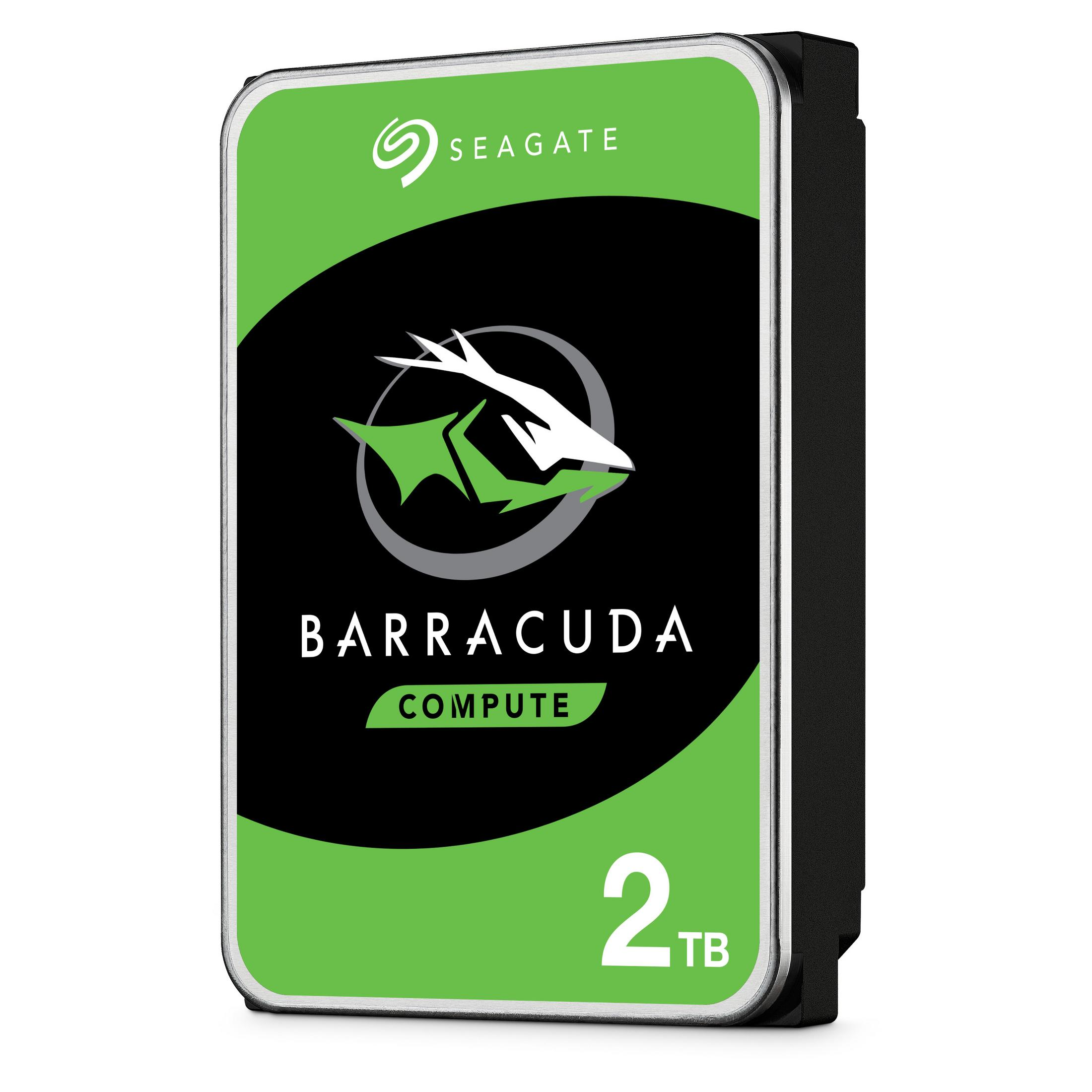 Zielony i czarny dysk twardy Seagate Barracuda z etykietą 2 TB na białym tle.