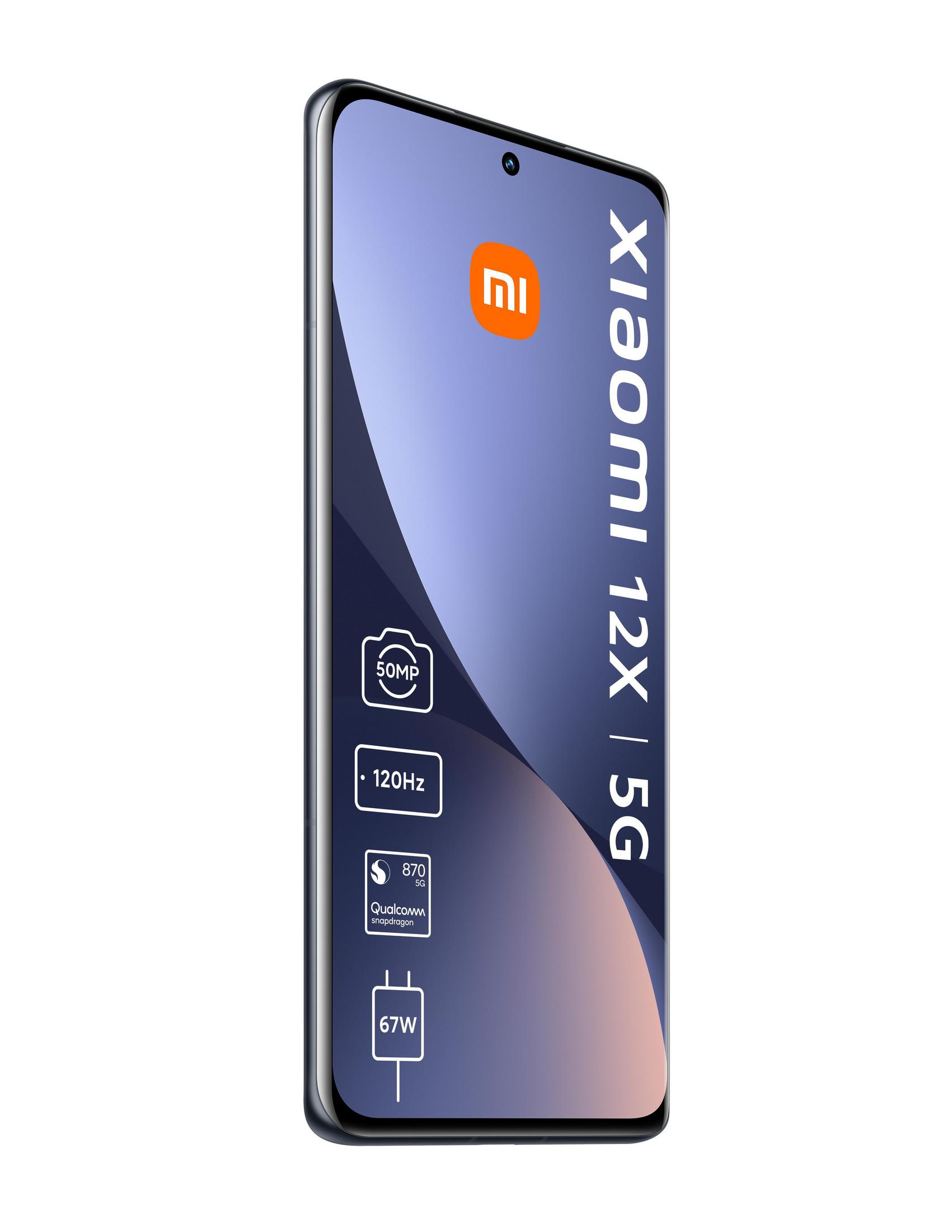 Xiaomi 12X 5G Smartphone, schwarz mit blauem Bildschirm, der Telefonfunktionen anzeigt.