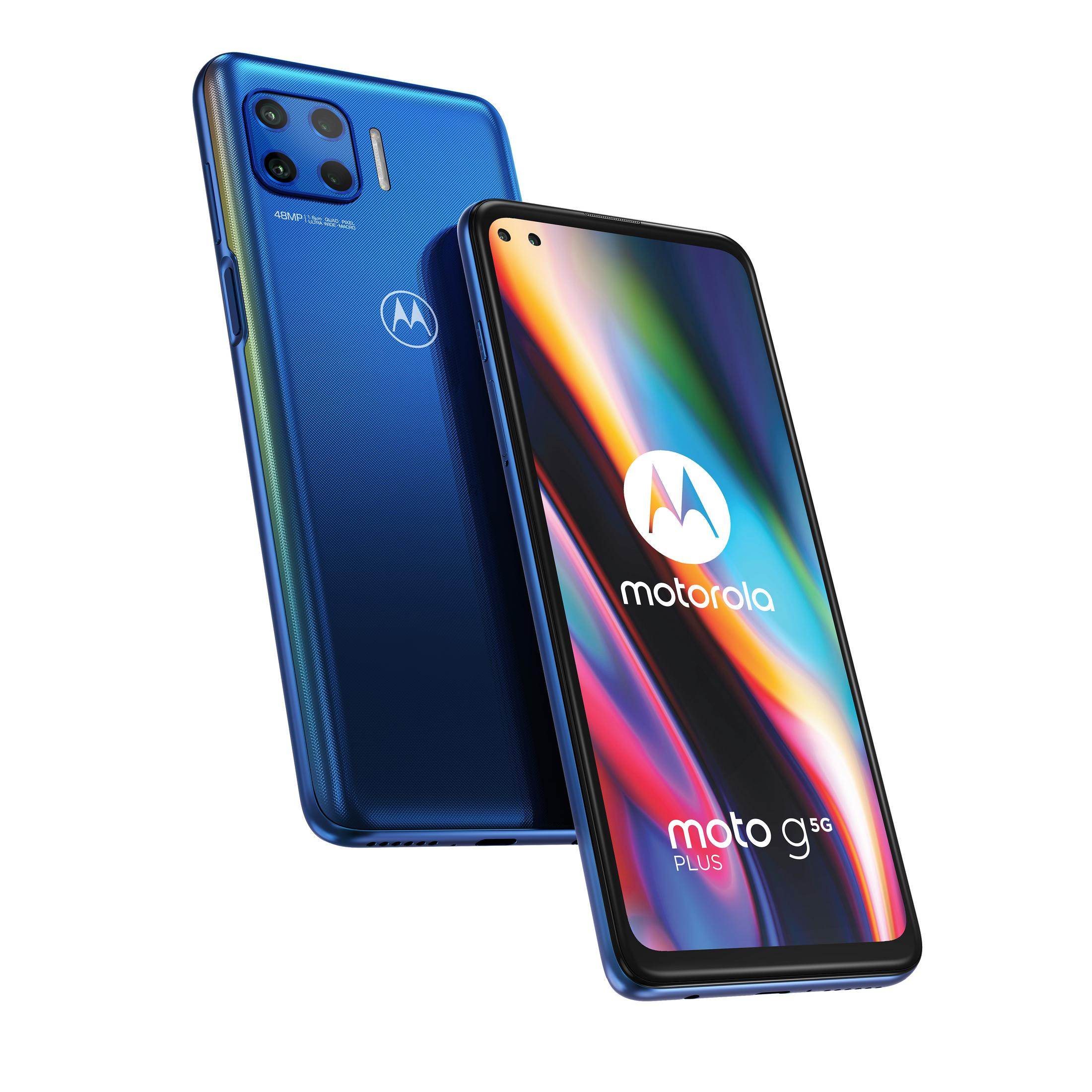 Blaues Motorola-Telefon mit zwei Kameras auf der Rückseite und Logo auf dem Bildschirm.