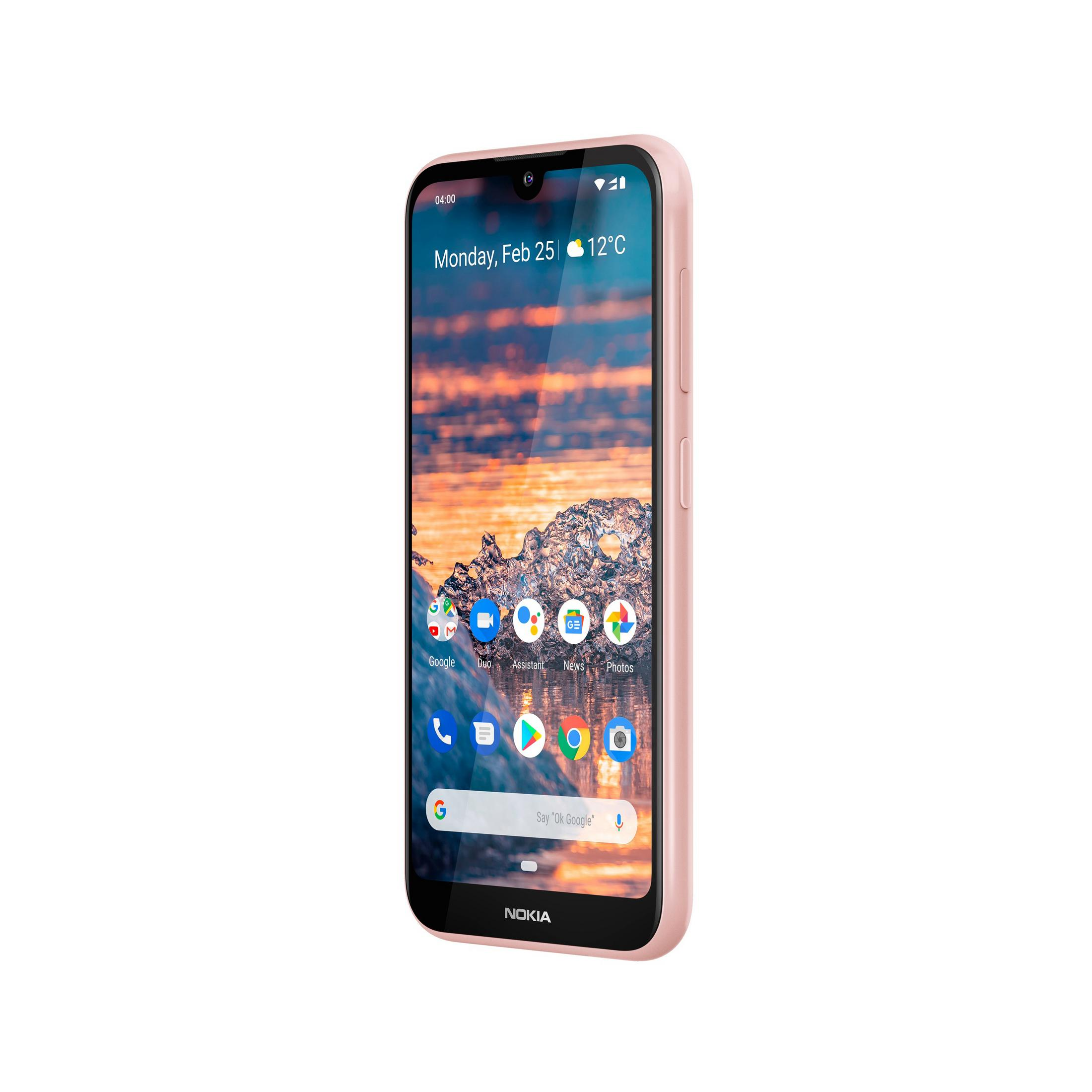 Rosafarbenes Telefon mit Apps auf weißem Hintergrund.