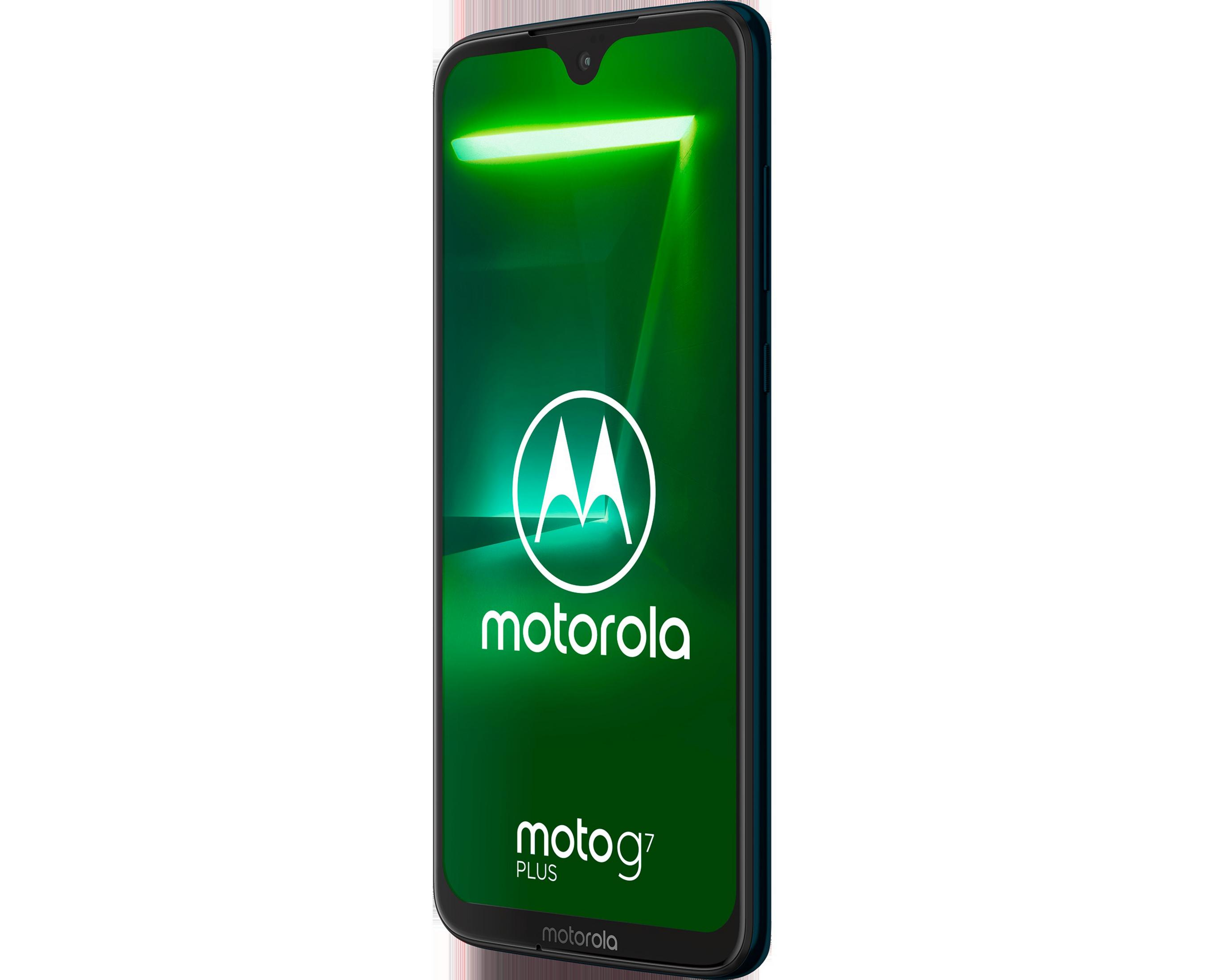 Motorola moto g7 PLUS Smartphone auf weißem Hintergrund. Der Bildschirm zeigt das Motorola-Logo.